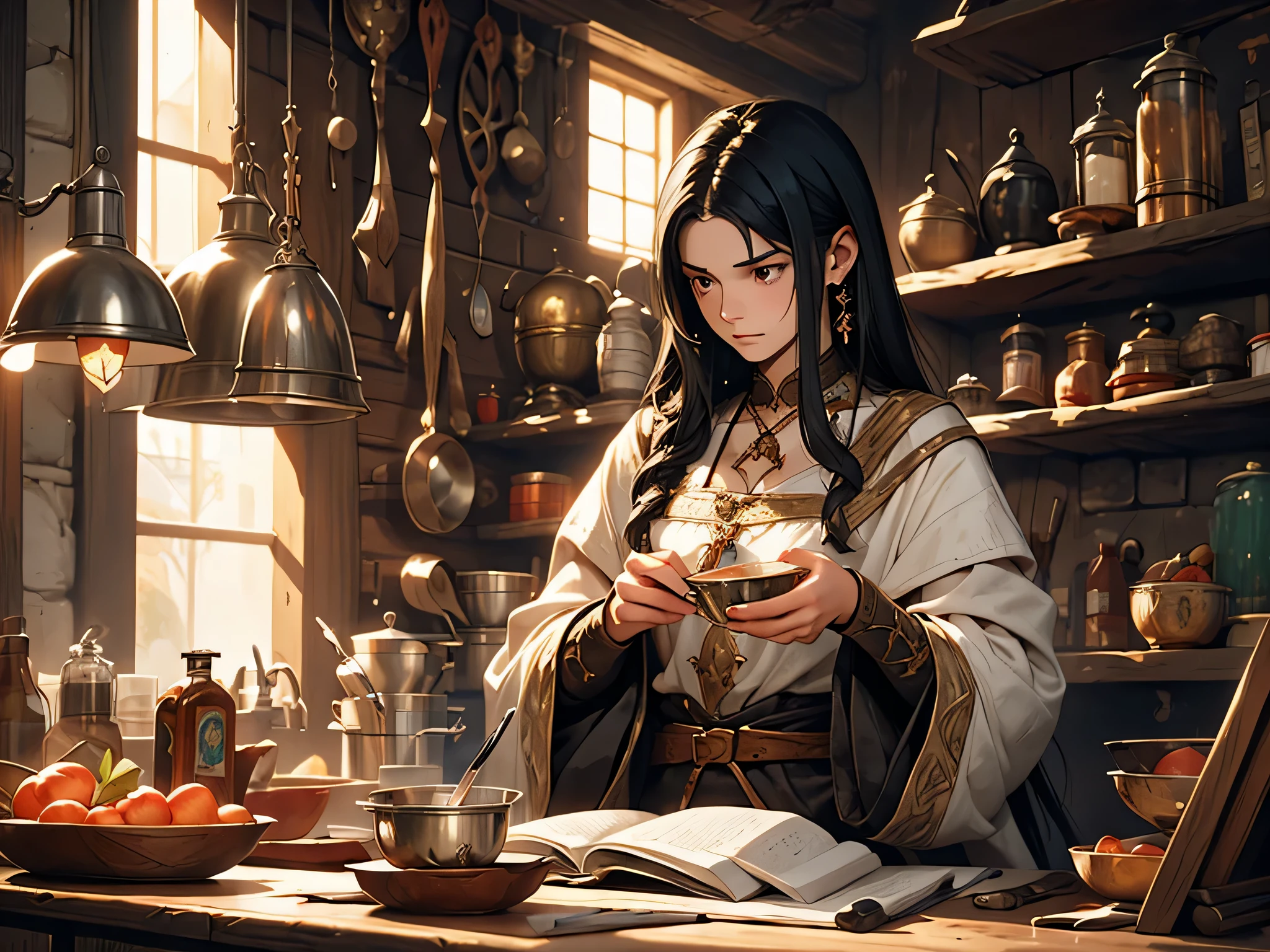 Illustration of a girl with long black hair with a sad face concocting medicine in a bowl, theme medieval fantasy