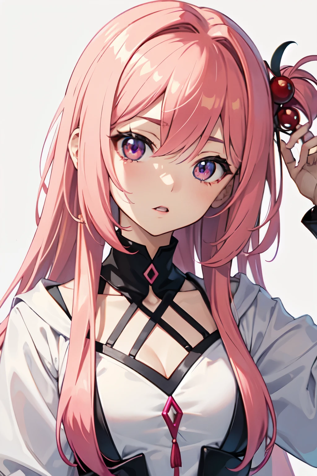 ((anime)), ((Mejor calidad)), ((obra maestra)), (detallado), cara perfecta, ojos color rojos oscuro, red, pelo largo, pelo rosa, pink, pelo liso, dos coletas delanteras, sin accesorios en la cabeza, vtuber, aesthetic, sakura