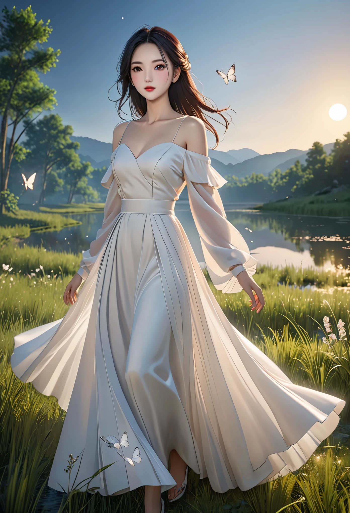 kinghere fensejiaren,1girl\(Eyes\(Deep amber,crystal clear,long and delicate eyelashes\),Nose\(Elevated,a slightly upturned nose tip\),Lips\(Rosy color,defined lip line\),Hairstyle\(Black hair,smooth and shiny,slightly wavy at the ends\),Skin\(Fair,blemish-free,as delicate as porcelain\),Clothing\((white long dress,bare shoulders,gorgeous):1.5,Fabric\(Lightweight silk,smooth and shiny\),Craftsmanship\(Exquisite,clean-cut lines on the neckline,sleeves,waist,skirt hem,well-designed layered pleats\),Posture\(walking confidently and gracefully,light and graceful gait\),(white butterfly,look at viewer,floating hair,outdoor,full body):1.53\), Background\((full moon,grassland):1.5,sky,forest,lake\), masterpiece,best quality,unreal engine 5 rendering,movie light,movie lens,movie special effects,detailed details,HDR,UHD,8K,CG wallpaper