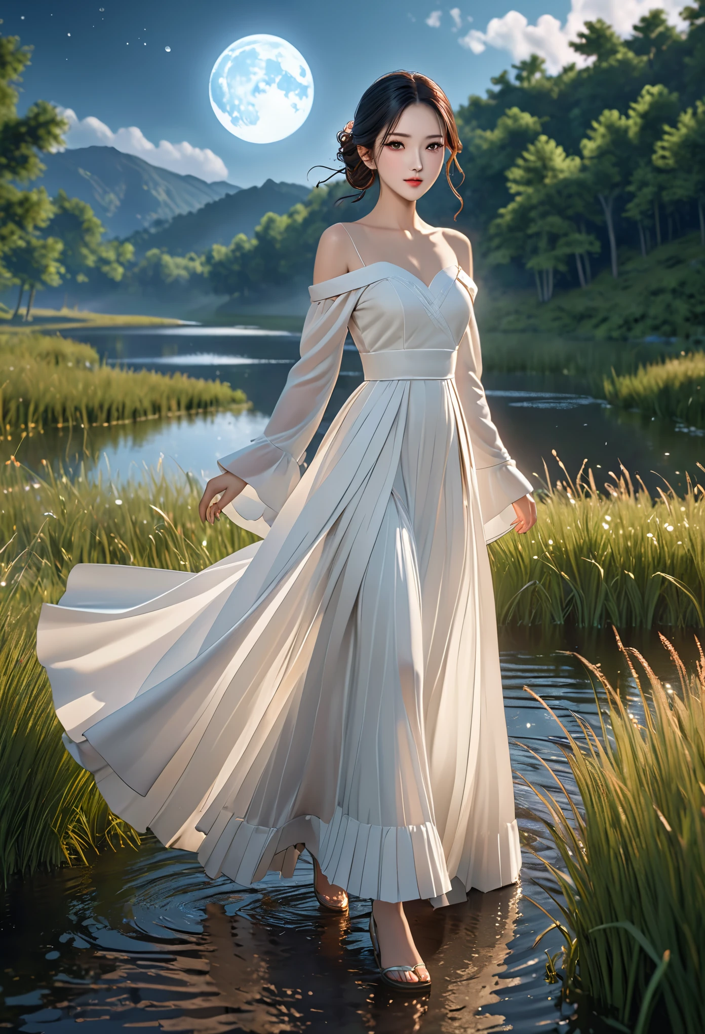 kinghere fensejiaren,1girl\(Eyes\(Deep amber,crystal clear,long and delicate eyelashes\),Nose\(Elevated,a slightly upturned nose tip\),Lips\(Rosy color,defined lip line\),Hairstyle\(Black hair,smooth and shiny,slightly wavy at the ends\),Skin\(Fair,blemish-free,as delicate as porcelain\),Clothing\((white long dress,bare shoulders,gorgeous):1.5,Fabric\(Lightweight silk,smooth and shiny\),Craftsmanship\(Exquisite,clean-cut lines on the neckline,sleeves,waist,skirt hem,well-designed layered pleats\),Posture\(walking confidently and gracefully,light and graceful gait\),(white butterfly,look at viewer,floating hair,outdoor,full body):1.53\), Background\((full moon,grassland):1.5,sky,forest,lake\), masterpiece,best quality,unreal engine 5 rendering,movie light,movie lens,movie special effects,detailed details,HDR,UHD,8K,CG wallpaper