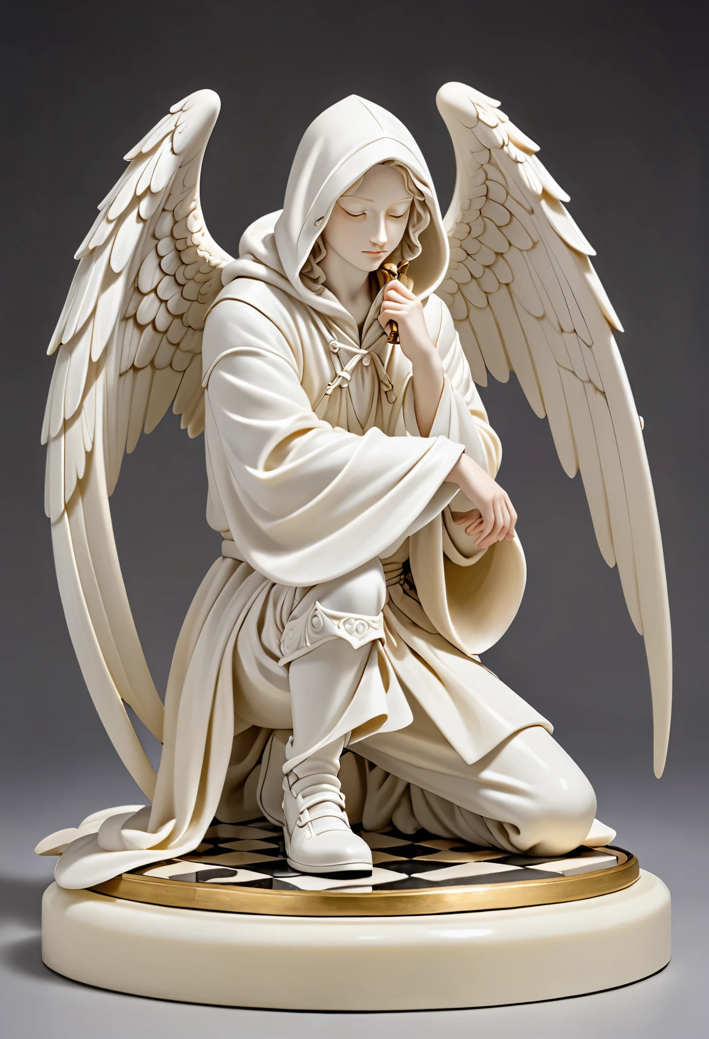 A white figure of an angel in a hood, down on one knee, with one hand resting his fingers on the ground, with the other hand holding the hilt of a sword stuck in the ground. The gaze is directed into the distance. The wings are folded behind the back. The figure is made of white ivory. is placed on a round stand like a chess piece.