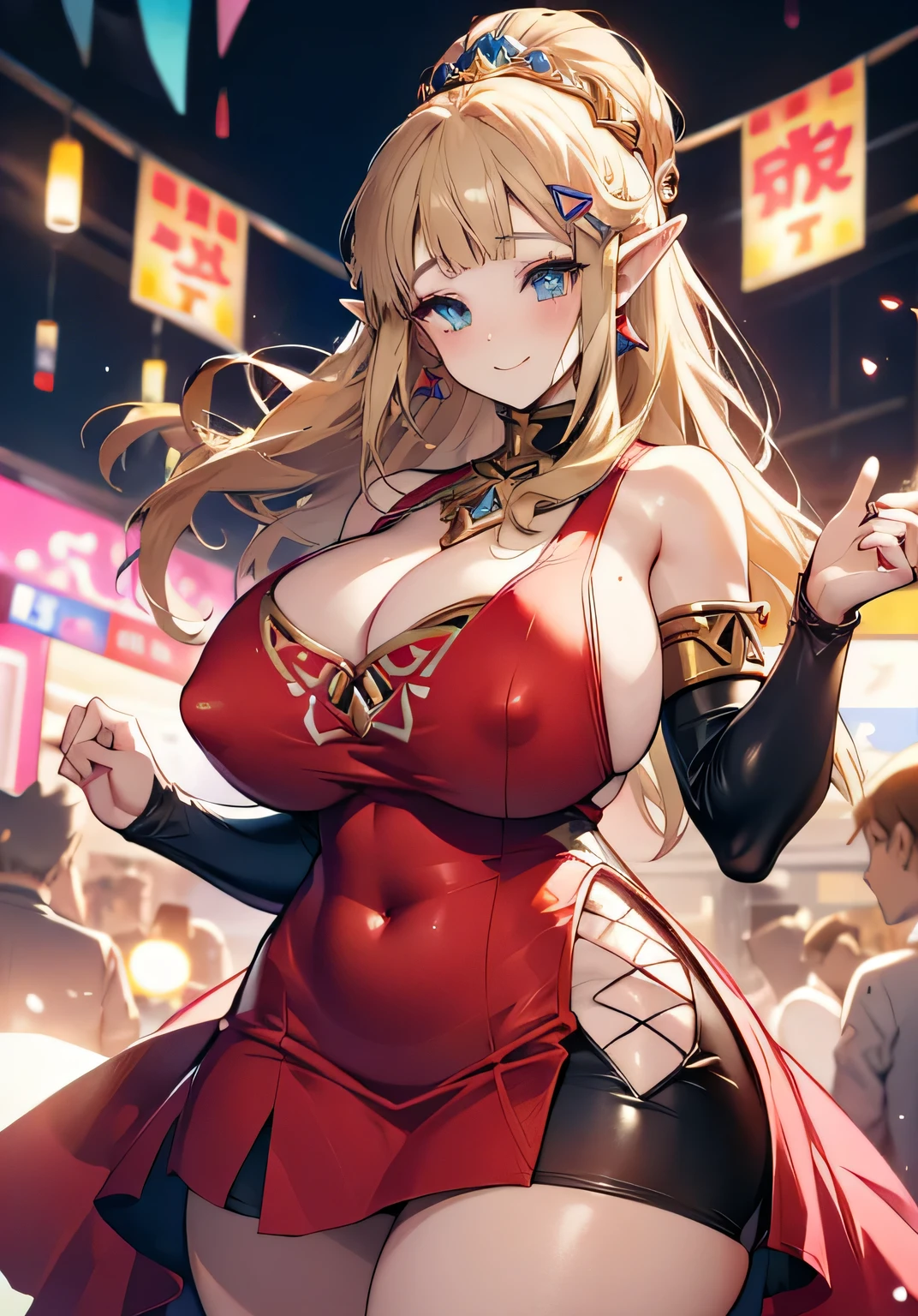 Erotic Anime Illustration、Highest image quality、A plump princess enjoying a party、Princess Zelda、perfect proportions、beautiful eyes、party dress、Overwhelmingly big breasts beyond the norm、cowboy shot、smile