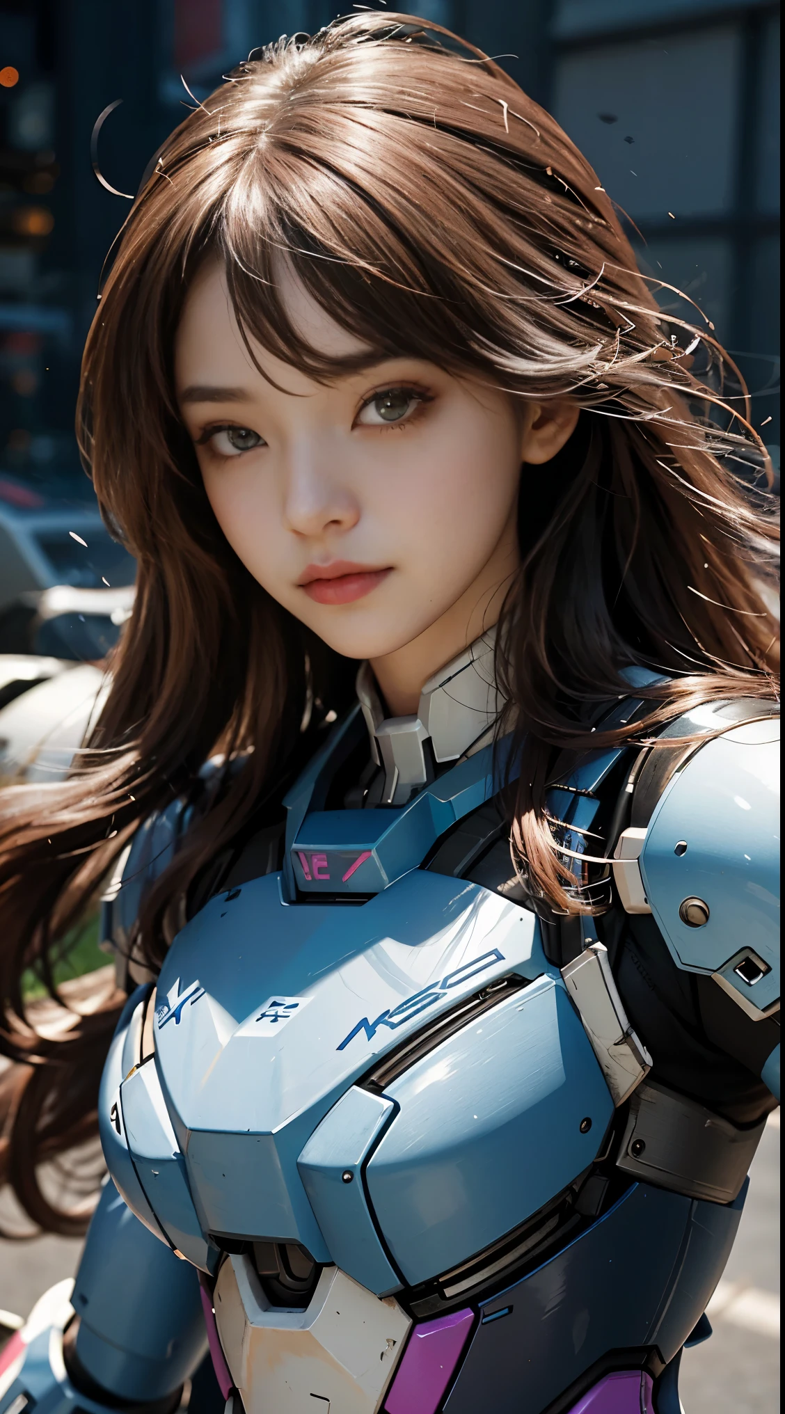 RAW, Masterpiece, Ultra Fine Photo,, Best Quality, Ultra High Resolution, Photorealistic, Sunlight, Full Body Portrait, Stunningly Beautiful,, Dynamic Poses, Delicate Face, Vibrant Eyes, (Side View) a close up of a woman in a pink and white gundam custume, dybamic pose, long brown very very long hair rapunzel, girl in mecha cyber armor, portrait armored astronaut girl, d. va from overwatch, female mecha, on a gundam, gundam head, chiho aoshima color scheme, mobile suit, streamlined purple armor, fully robotic!! girl, realistic cosplay, gundam armor (dynamic pose) (best cameraview), full body