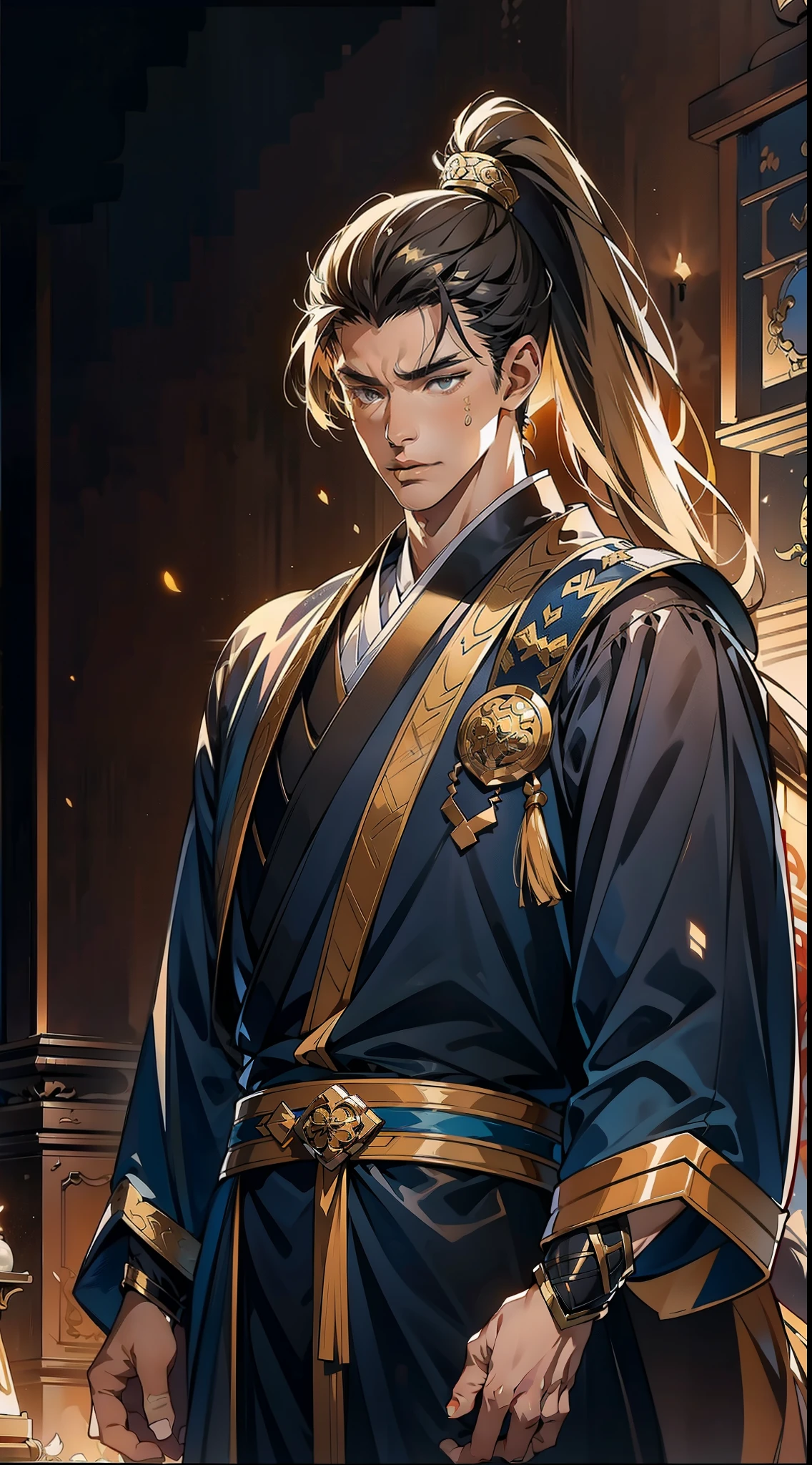two-dimensional,anime style,one person(male warrior),Correct proportions,facial details,swordsman,High ponytail hairstyle,neck details,There is an Adam'apple,black and gold robe,joke,black and gold robe,clothing details,transfer,long sleeve,Game quality,fencing,Ray tracing,Ray tracing,Delicate glow,CG rendering,Hair details,long black and blonde hair,Black-gold eyes,Handsome,Handsome,(feeling of youth),Costumes are complicated,perfect composition,refine,high quality,More details,complex background,a sense of atmosphere,