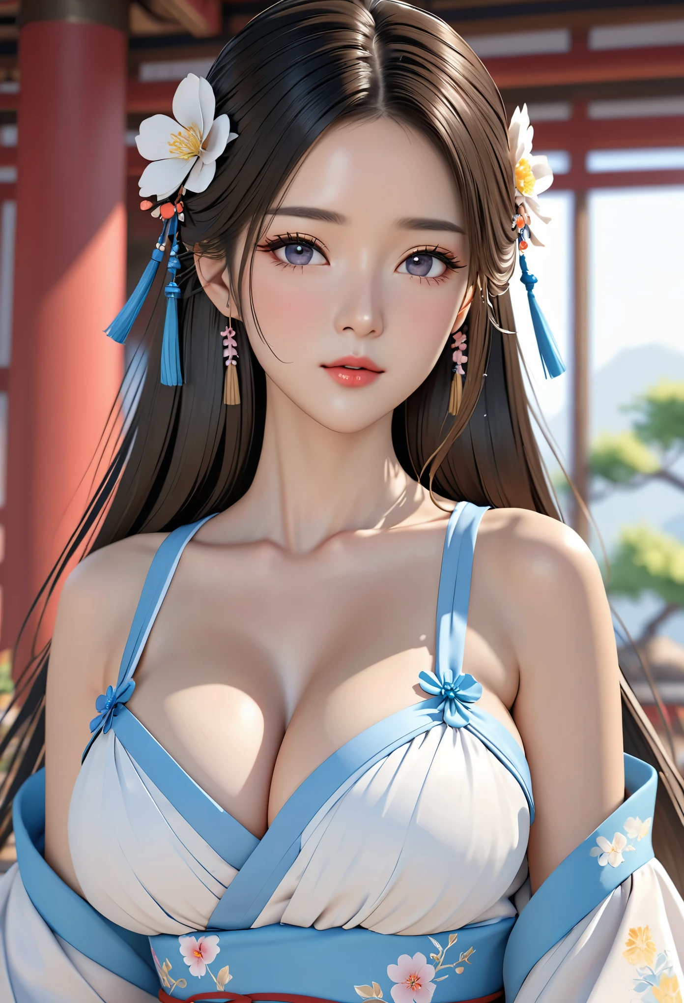 masterpiece,best quality,upper body,Girl,hanfu,big breasts,cleavage,focus of analysis,8K,3d,bare shoulders,long hair,flower hair ornament,lips,looking at viewer solo,strap,slip