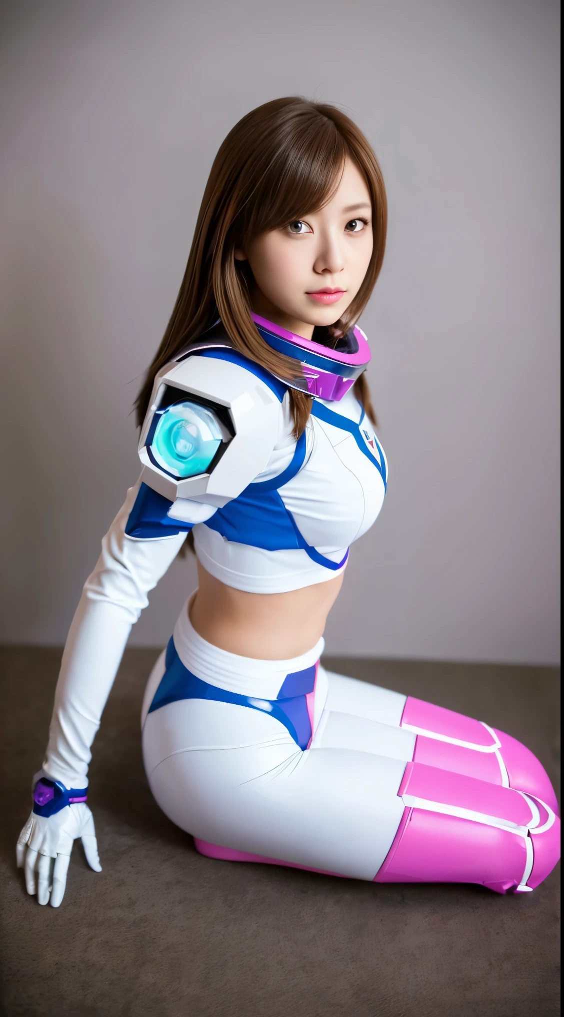 RAW, Masterpiece, Ultra Fine Photo,, Best Quality, Ultra High Resolution, Photorealistic, Sunlight, Full Body Portrait, Stunningly Beautiful,, Dynamic Poses, Delicate Face, Vibrant Eyes, (Side View) a close up of a woman in a pink and white gundam custume, dybamic pose, long brown very very very long long hair rapunzel, girl in mecha cyber armor, portrait armored astronaut girl, d. va from overwatch, female mecha, on a gundam, gundam head, chiho aoshima color scheme, mobile suit, streamlined purple armor, fully robotic!! girl, realistic cosplay, gundam armor (dynamic pose) (best cameraview), full body, sit down