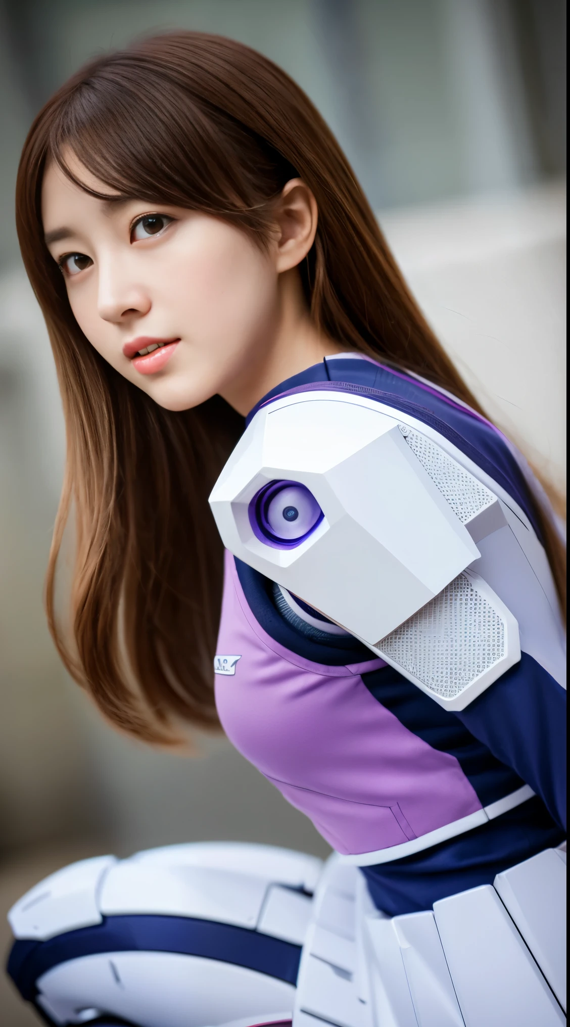 RAW, Masterpiece, Ultra Fine Photo,, Best Quality, Ultra High Resolution, Photorealistic, Sunlight, Full Body Portrait, Stunningly Beautiful,, Dynamic Poses, Delicate Face, Vibrant Eyes, (Side View) a close up of a woman in a pink and white gundam custume, dybamic pose, long brown very very very long long hair rapunzel, girl in mecha cyber armor, portrait armored astronaut girl, d. va from overwatch, female mecha, on a gundam, gundam head, chiho aoshima color scheme, mobile suit, streamlined purple armor, fully robotic!! girl, realistic cosplay, gundam armor (dynamic pose) (best cameraview), full body, sit down