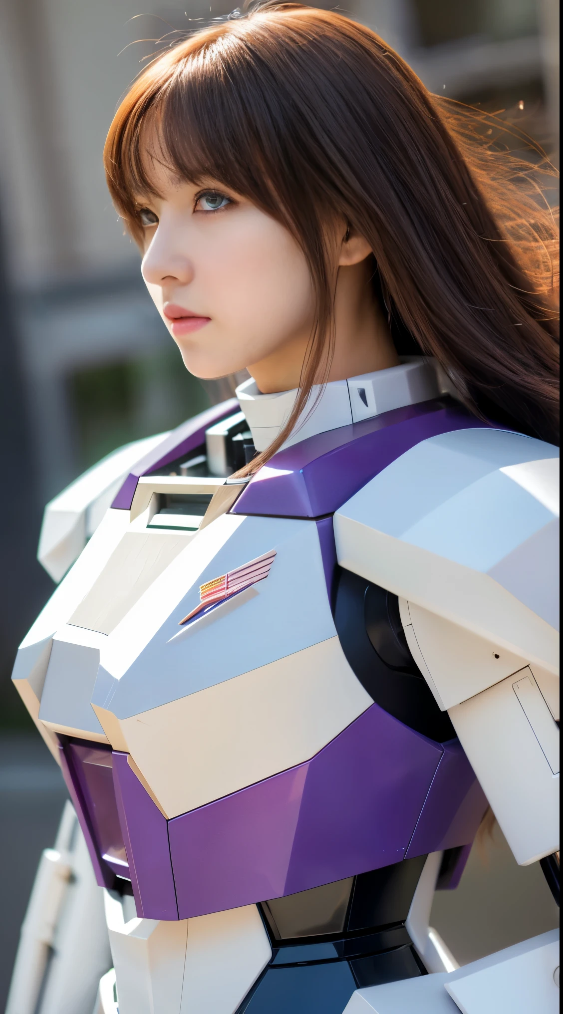 RAW, Masterpiece, Ultra Fine Photo,, Best Quality, Ultra High Resolution, Photorealistic, Sunlight, Full Body Portrait, Stunningly Beautiful,, Dynamic Poses, Delicate Face, Vibrant Eyes, (Side View) a close up of a woman in a pink and white gundam custume, dybamic pose, long brown very very very long long hair rapunzel, girl in mecha cyber armor, portrait armored astronaut girl, d. va from overwatch, female mecha, on a gundam, gundam head, chiho aoshima color scheme, mobile suit, streamlined purple armor, fully robotic!! girl, realistic cosplay, gundam armor (dynamic pose) (best cameraview), full body, sit down