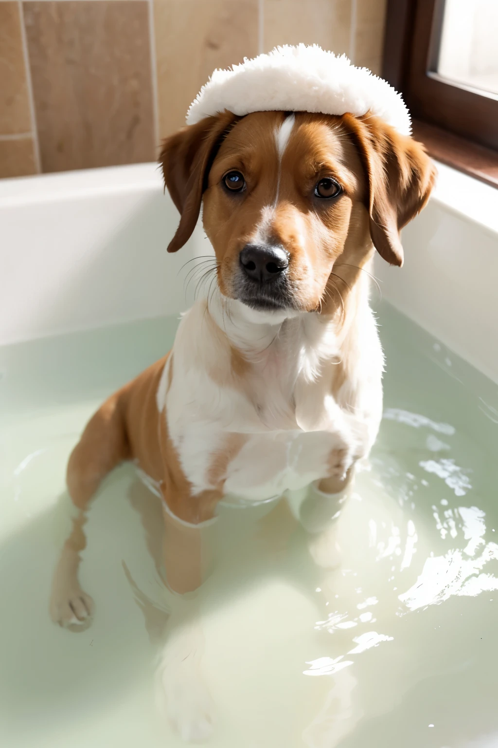A dog taking a bath,Skin color is cream,energetic and cute