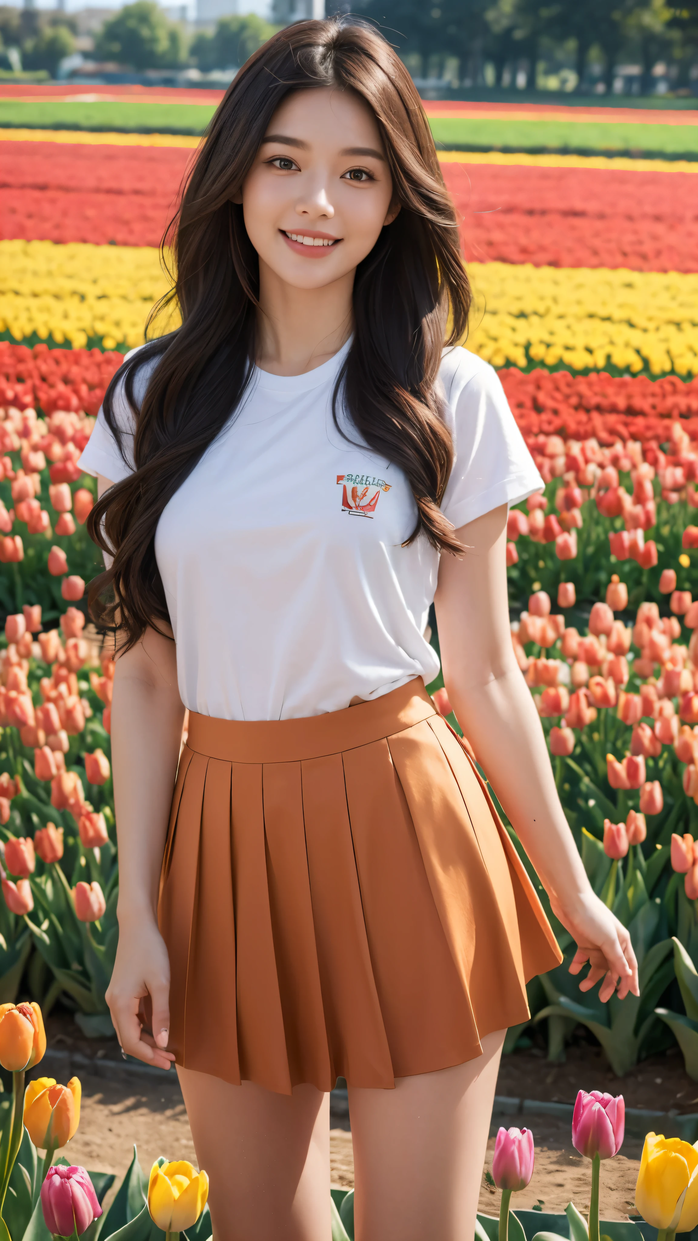 best quality, masterpiece, ultra high resolution, (realistic:1.4), RAW photos, 1 woman, t-shirt without text, skirt, Tulip field in full bloom, glowing skin, light smile,wavy long hair
