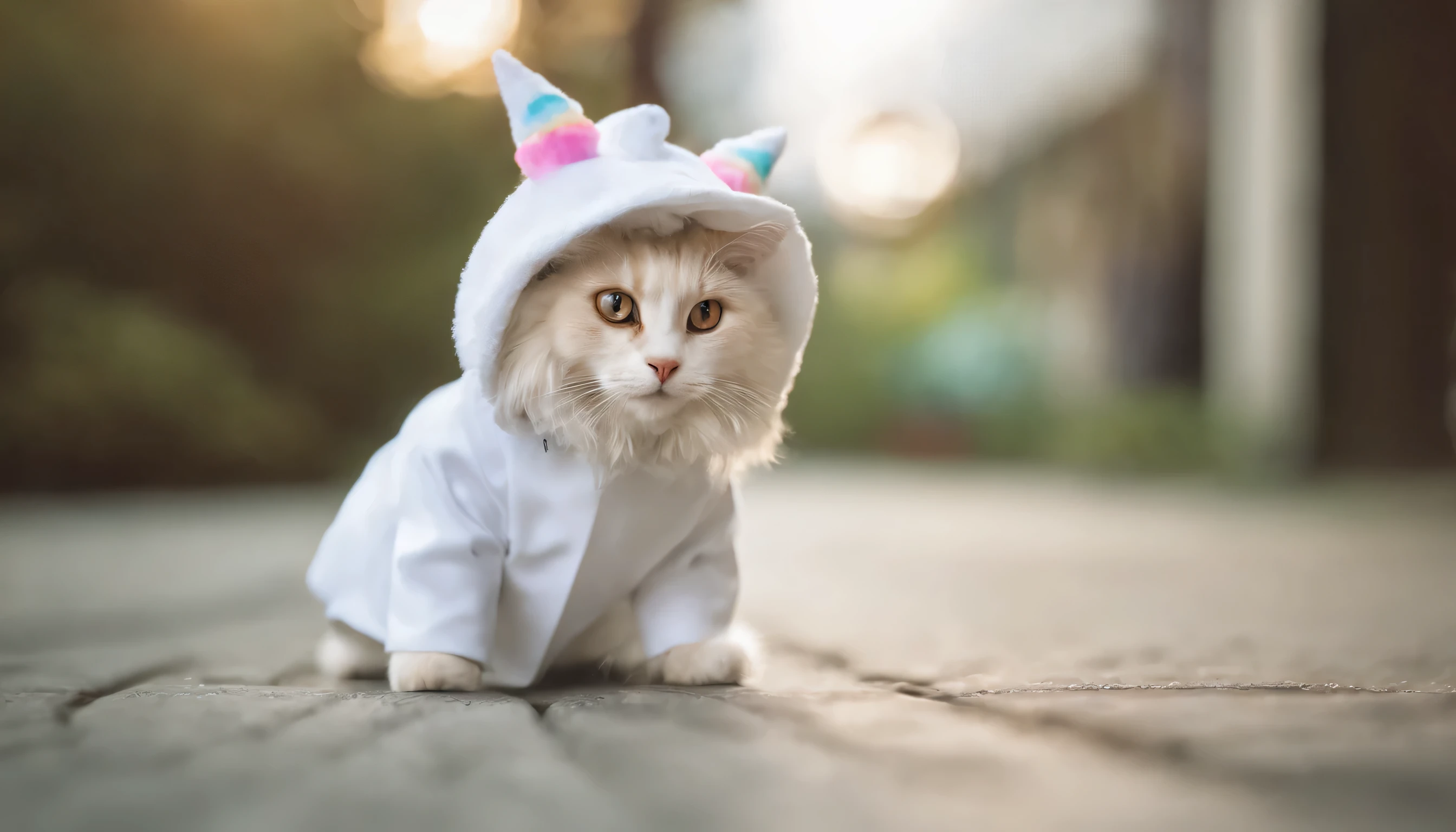 designclothing，clothing, Cat wearing white unicorn suit, Colorful unicorn hat，White background，纯White background，Landing on all fours