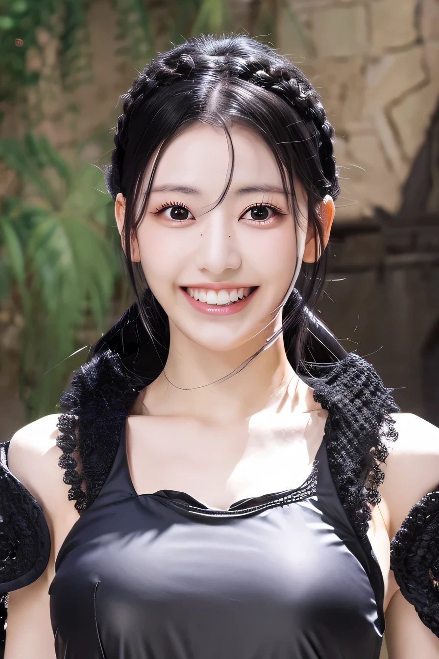 highest resolution, 4k, masterpiece: 1.3), japanese mature, women pictures, sexy, fine eyes, slender body shape, realistic teeth, double eyelid, full body, highest quality, become familiar with, equipped with armor, in a fantasy world, The background is a castle、black hair、ear piercing、smile、beautiful teeth