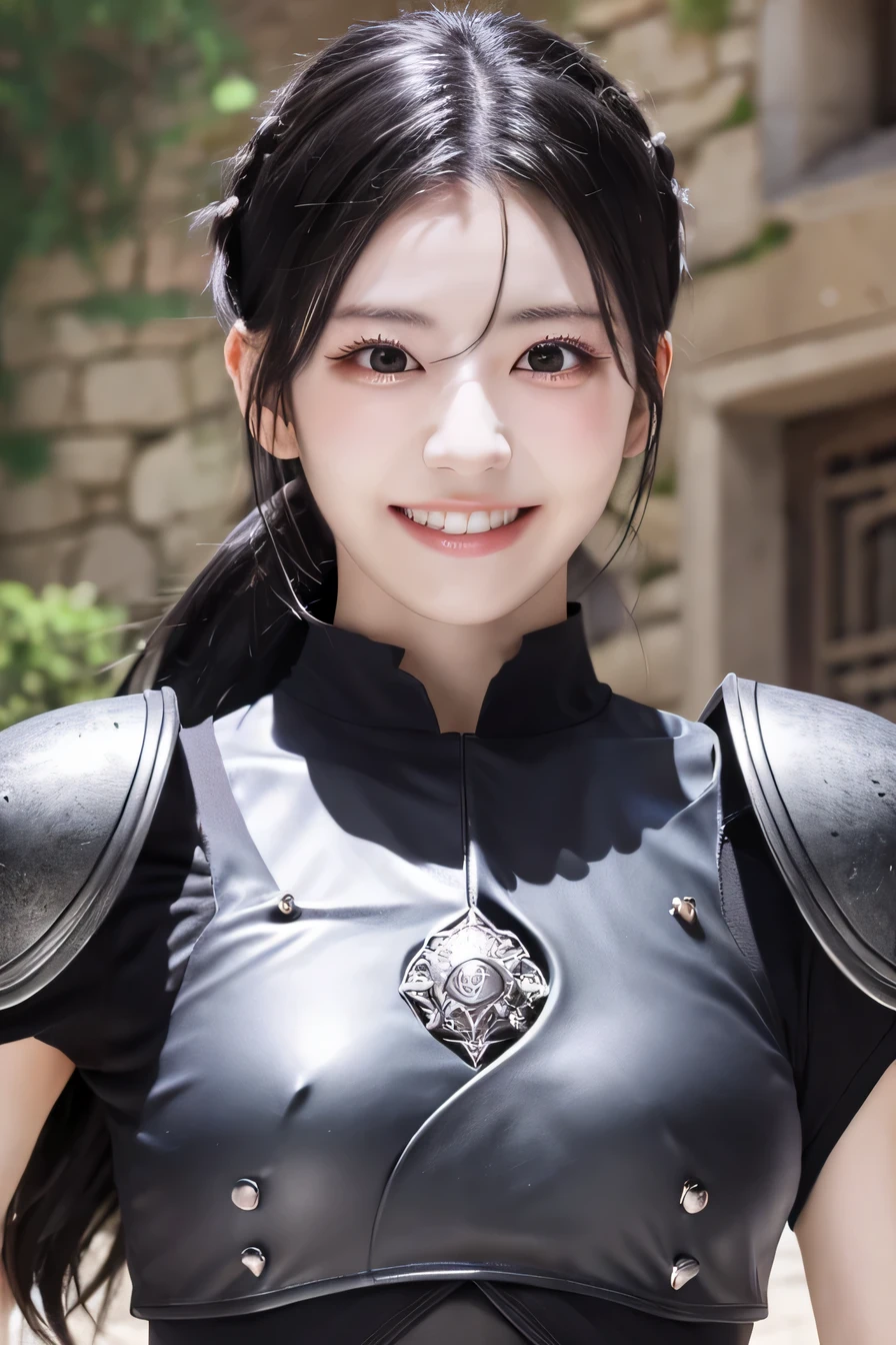 highest resolution, 4k, masterpiece: 1.3), japanese mature, women pictures, sexy, fine eyes, slender body shape, realistic teeth, double eyelid, full body, highest quality, become familiar with, equipped with armor, in a fantasy world, The background is a castle、black hair、ear piercing、smile、beautiful teeth