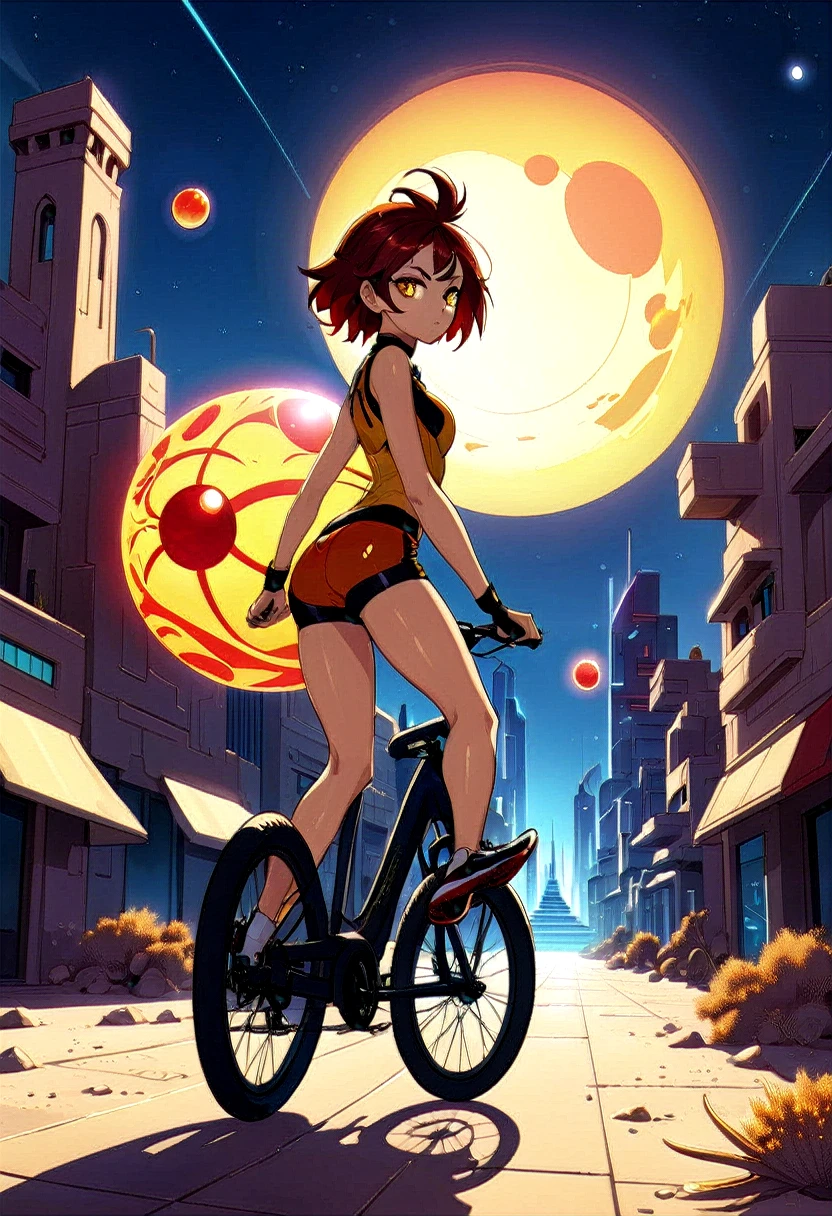 a girl rides a bicycle, in running shorts, short shorts, an image of a futuristic city at night, inspired by Paul Lehr, trending on cgsociety, conceptual art, digital yellow red sun, glowing magma sphere, in a futuristic desert palace, lens flare. occult photorealism