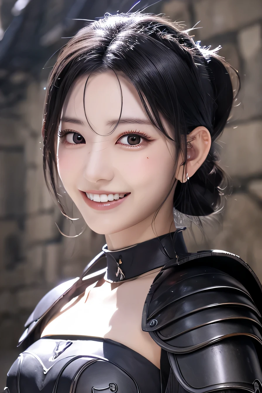 highest resolution, 4k, masterpiece: 1.3), japanese mature, women pictures, sexy, fine eyes, slender body shape, realistic teeth, double eyelid, full body, highest quality, become familiar with, equipped with armor, in a fantasy world, The background is a castle、black hair、ear piercing、smile、beautiful teeth、mouth open