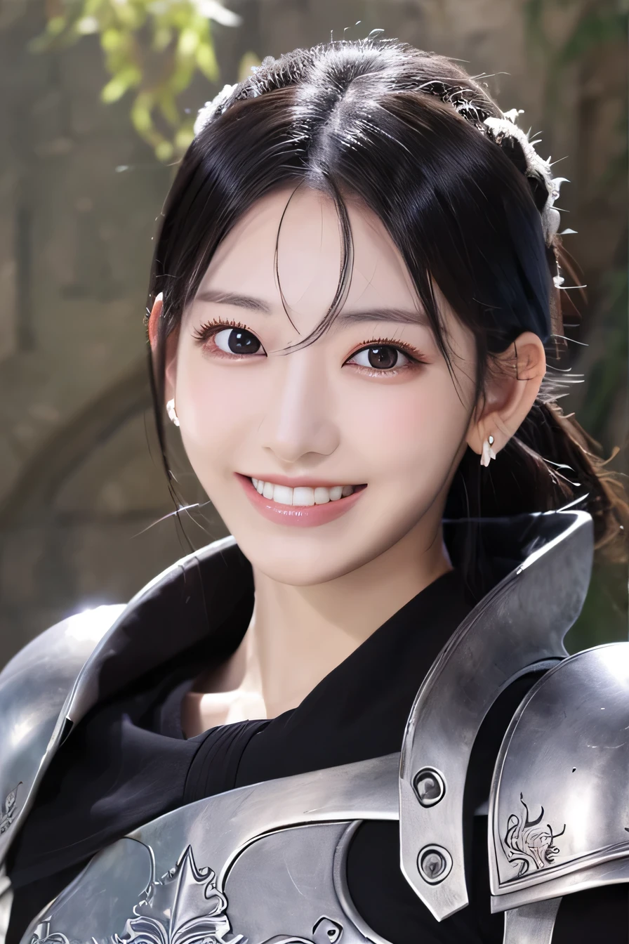 highest resolution, 4k, masterpiece: 1.3), japanese mature, women pictures, sexy, fine eyes, slender body shape, realistic teeth, double eyelid, full body, highest quality, become familiar with, equipped with armor, in a fantasy world, The background is a castle、black hair、ear piercing、smile、beautiful teeth、mouth open