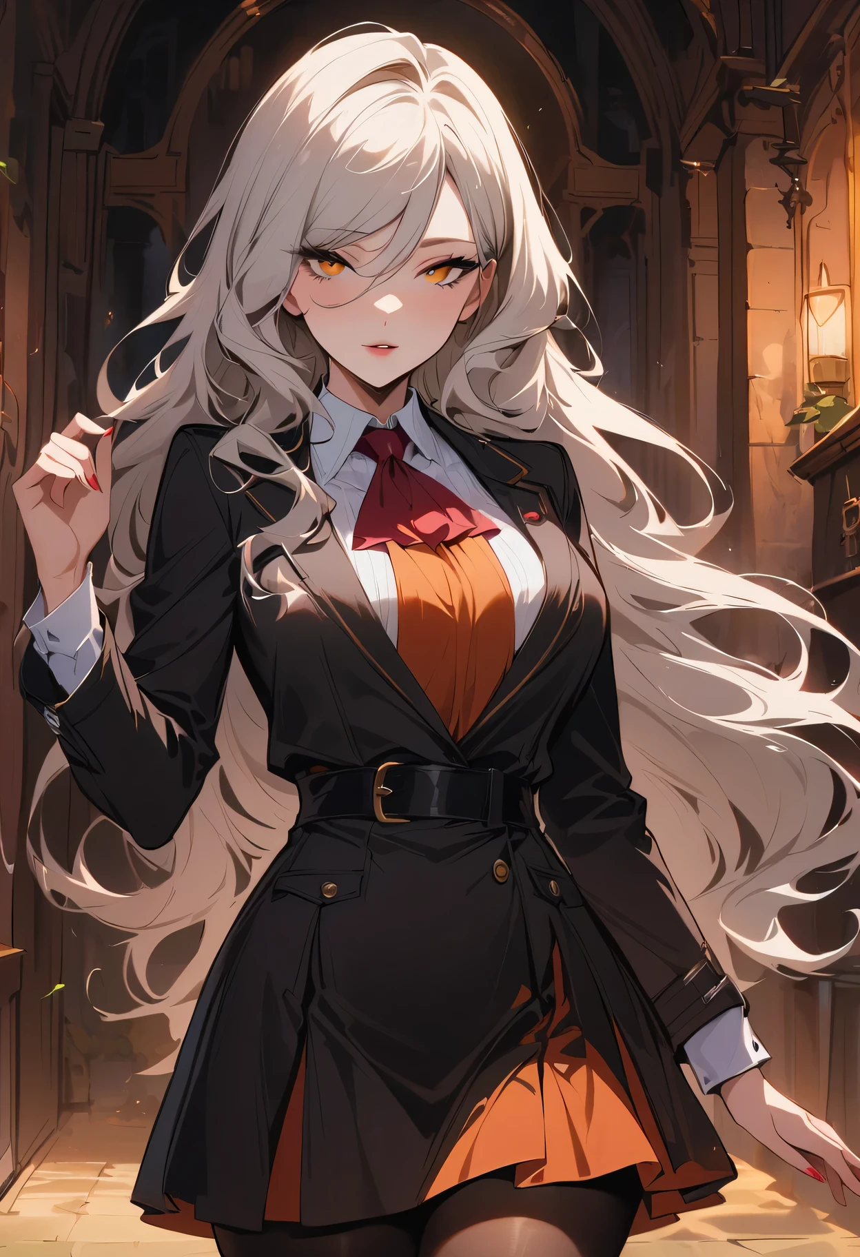 1 girl, masterpiece, best quality, high quality, Olga_mary, white_hair, tangerine_Eye, LONG hair, hair between eyes, long sleeve, Jacket, red ascot, skirt, skirt, pantyhose, Very long hair, Cowboy shooting,