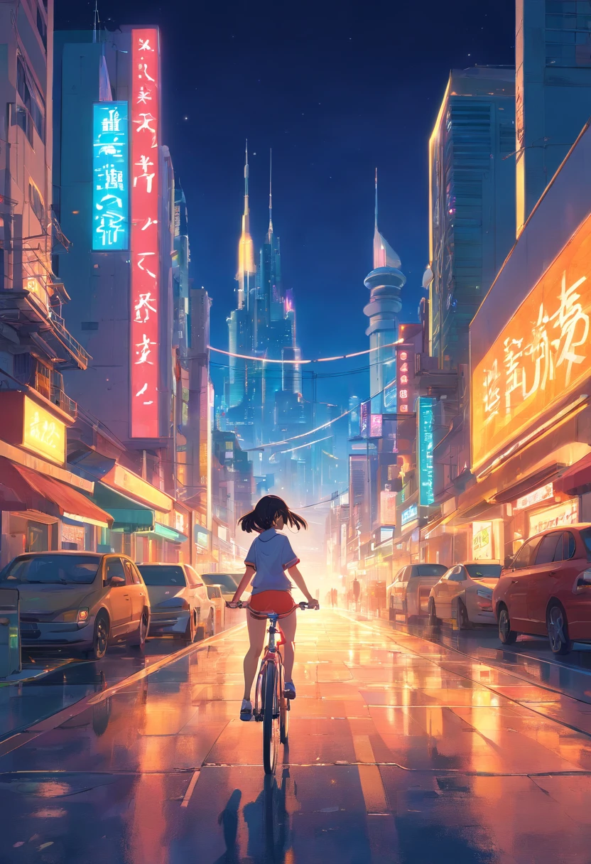a girl rides a bicycle, in running shorts, short shorts, an image of a futuristic city at night, inspired by Paul Lehr, trending on cgsociety, conceptual art, digital yellow red sun, glowing magma sphere, in a futuristic desert palace, lens flare. occult photorealism