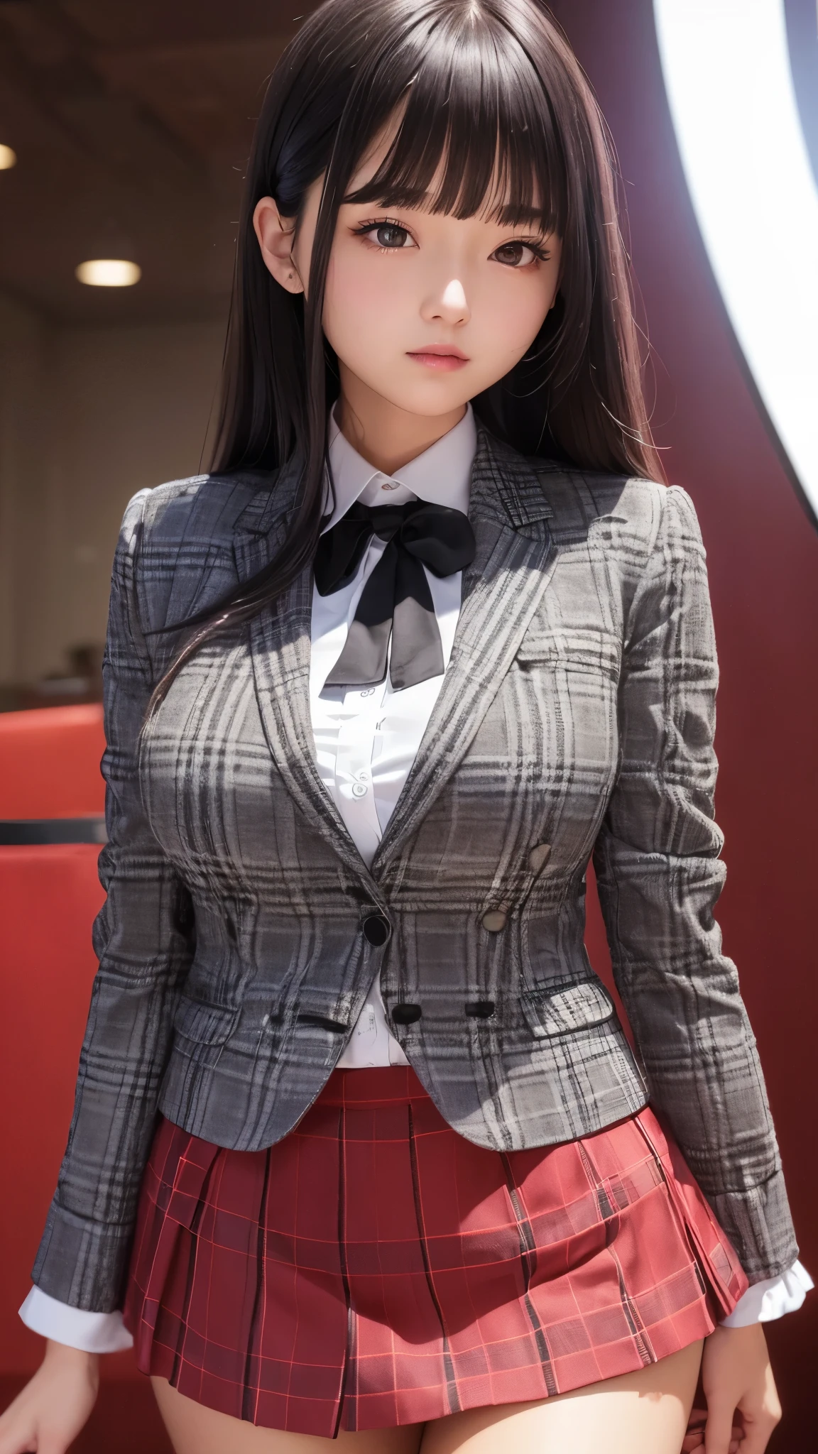 ((high quality)), ((table top)), (detailed face), (highlight), female、Big breasts、blunt bangs、black hair、plaid skirt、blazer、red black、Are standing、photo shoot、solid color background、