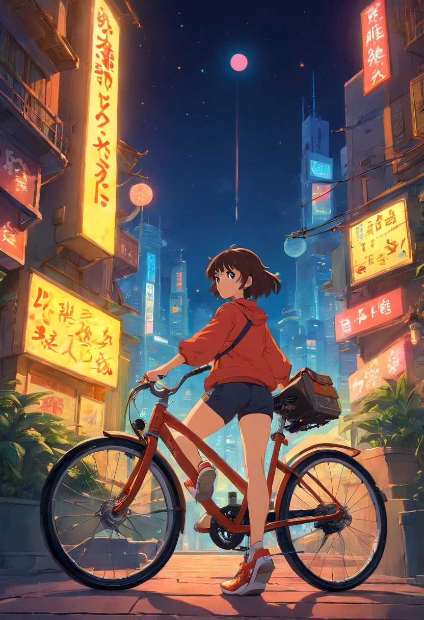 a girl rides a bicycle, in running shorts, short shorts, an image of a futuristic city at night, inspired by Paul Lehr, trending on cgsociety, conceptual art, digital yellow red sun, glowing magma sphere, in a futuristic desert palace, lens flare. occult photorealism
