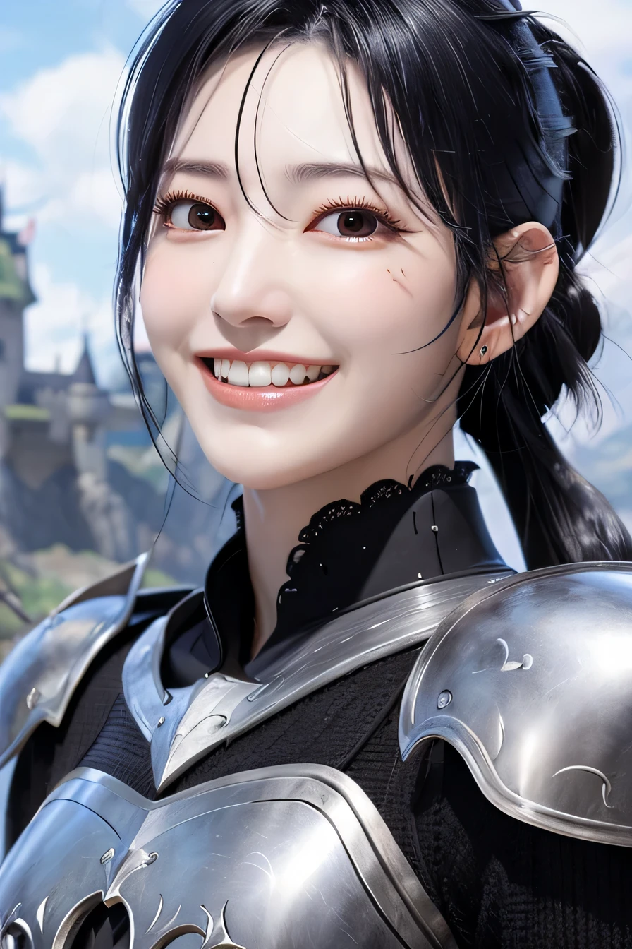 highest resolution, 4k, masterpiece: 1.3), japanese mature, women pictures, sexy, fine eyes, slender body shape, realistic teeth, double eyelid, full body, highest quality, become familiar with, equipped with armor, in a fantasy world, The background is a castle、black hair、ear piercing、smile、beautiful teeth、mouth open