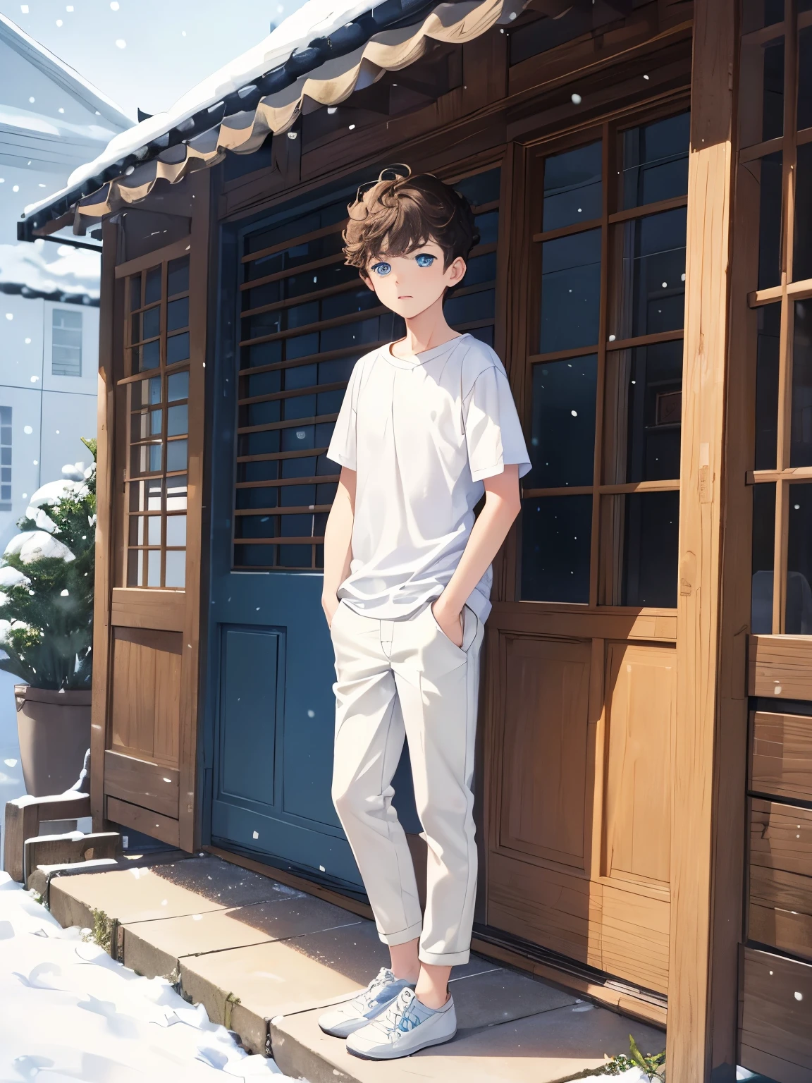 1boy,guy,snowing,sad expression, Hands forward,standing,blue eyes,full body photo,18 years old,Curly hair,medium hair,undercut hairstyle,light brown hair,Plain t-shirt, white t-shirt,white trousers,morning,ultra detail,masterpiece