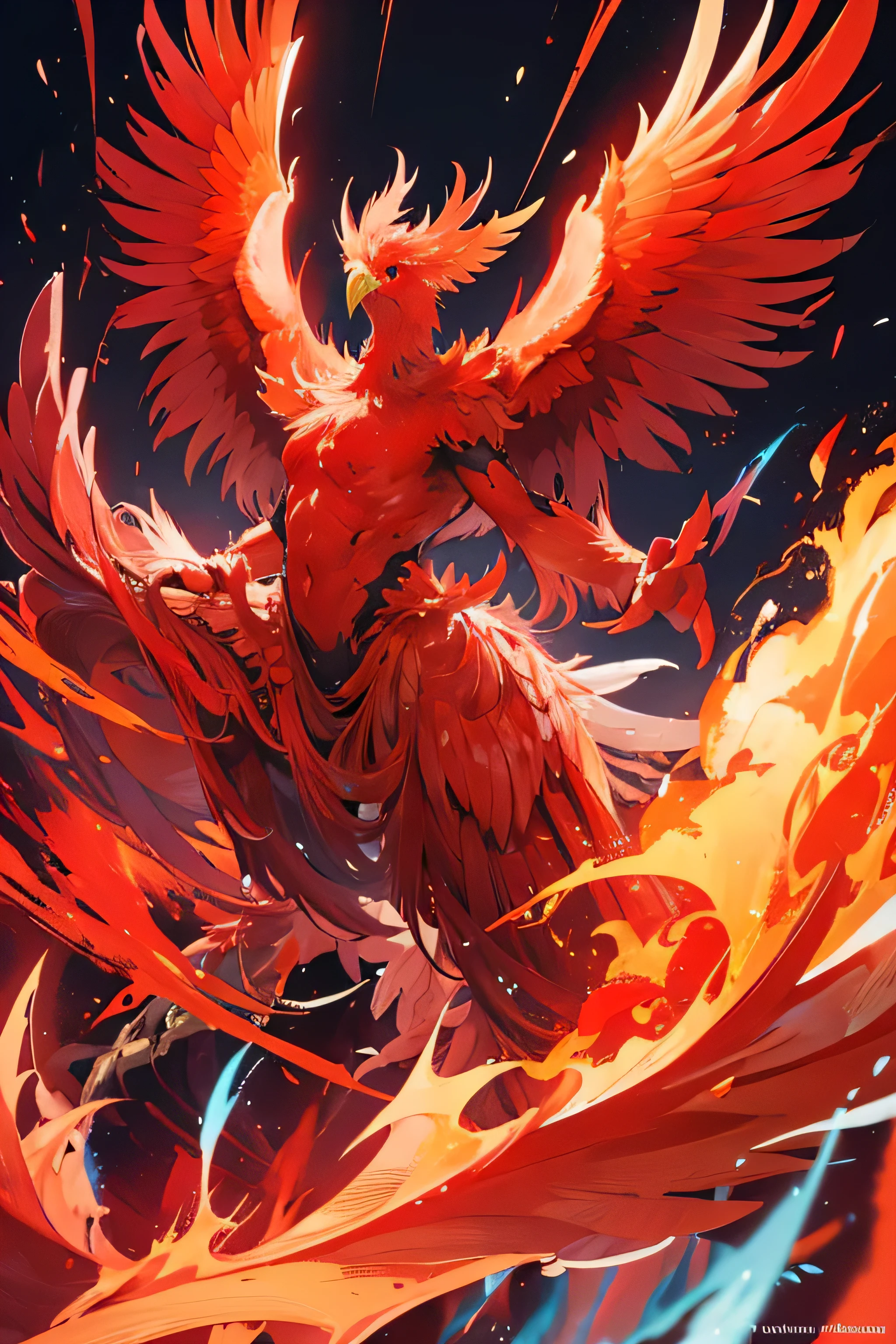 A majestic phoenix rising from the ashes, its feathers ablaze with a fiery red aura