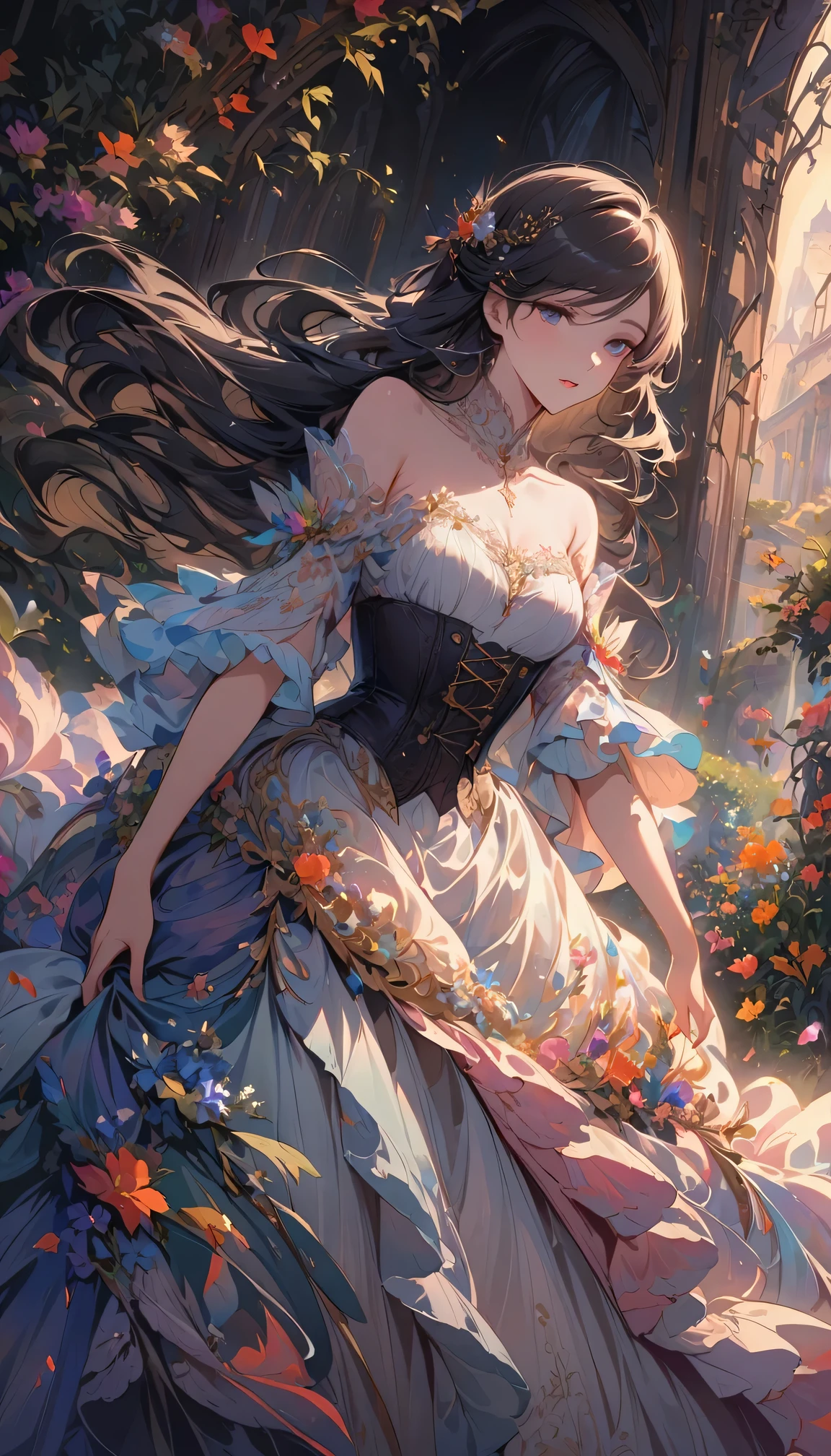30 years old,super detailed,a beautiful girl, , Playful and charming. Girls' clothes are made of exquisite, The flowing fabric seems to be dancing in the breeze. Color is soft pastel, Reminiscent of the wildflowers surrounding her. The corset is attached, With intricate embroidery and beading that catches the light. Full and elegant skirt, when she moves,Multiple layers of fabric create a soft rustling sound. The overall effect is one of timeless elegance and elegance.