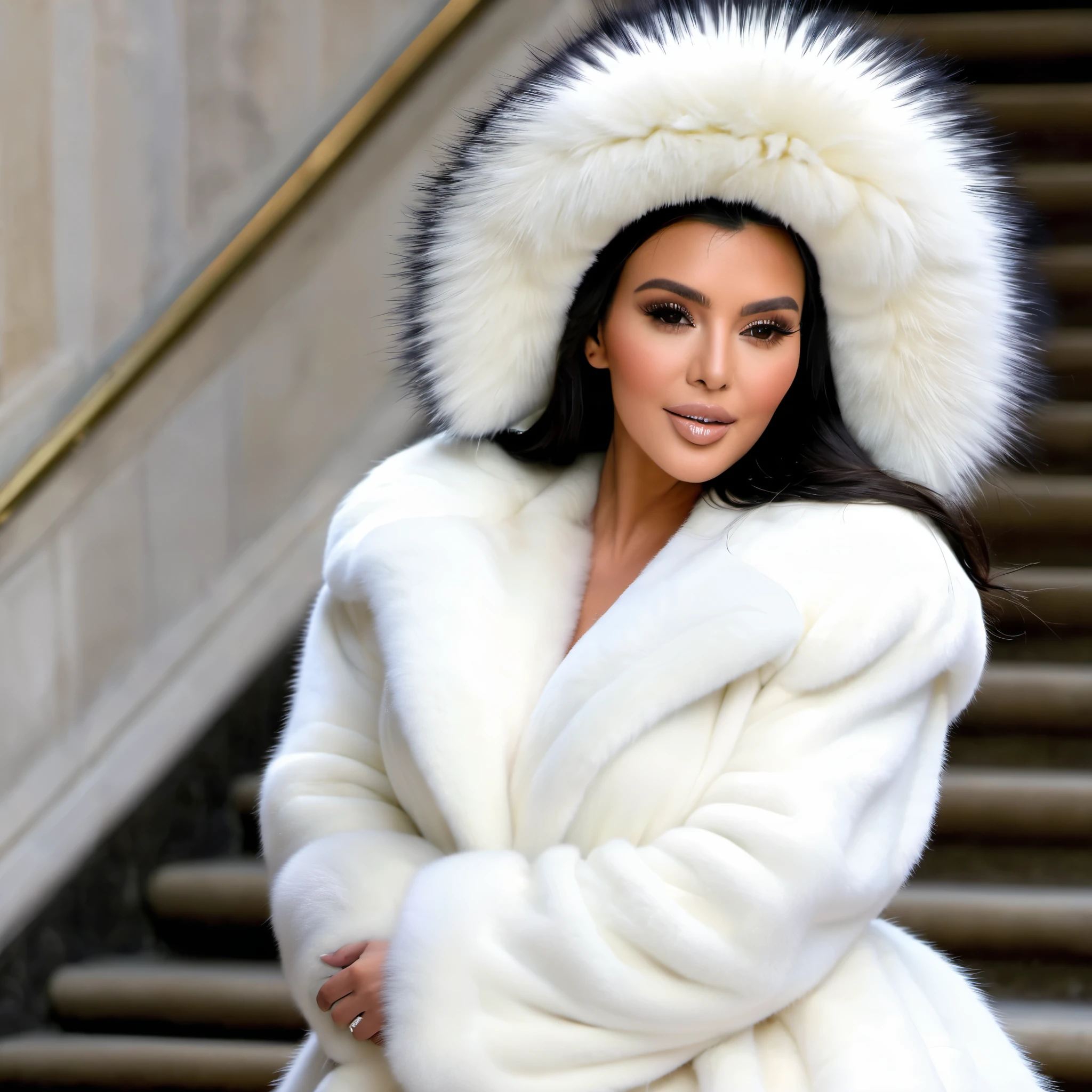 Kim Kardashian dressed in a very big white mink fur coat, descendre le grand escalier d'un palace parisien , completely naked, with very big voluminous breasts, bien visibles, the nipples are pointed and large and the areolas are extremely well shaped , elle est souriante et provocante, she protrudes her tongue between her teeth she is wearing a large white synthetic fur hat