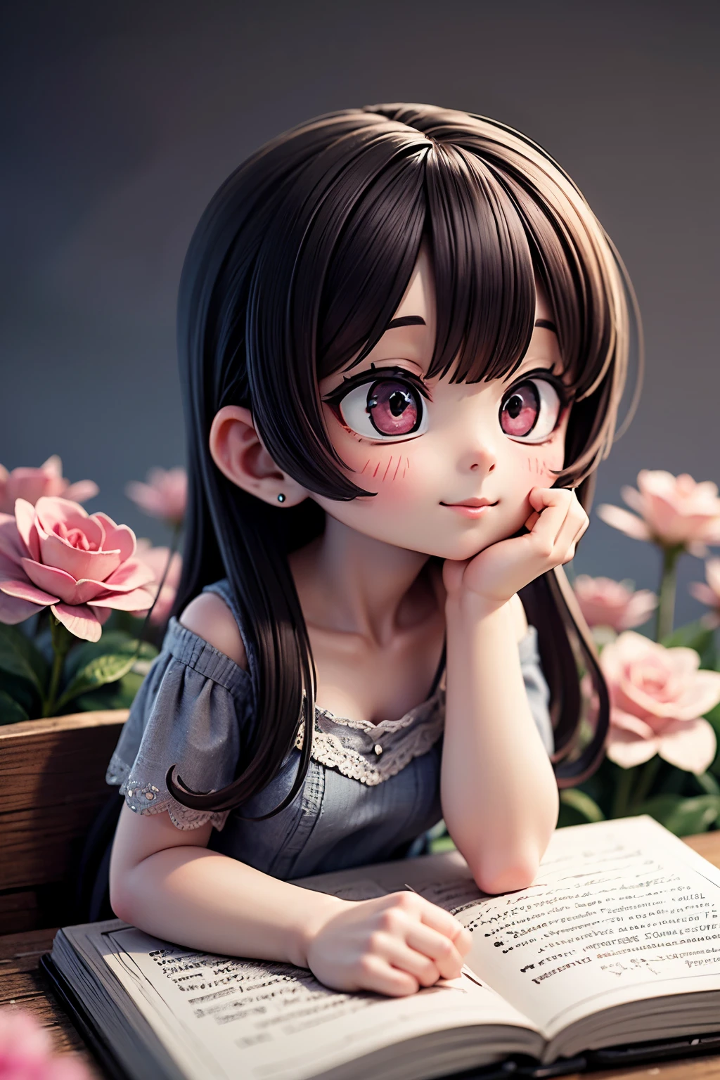 １Chibi girl smelling the scent of rose flowers in a book、Jewel-like eyes、Take a super close-up shot of lips from the side、smile