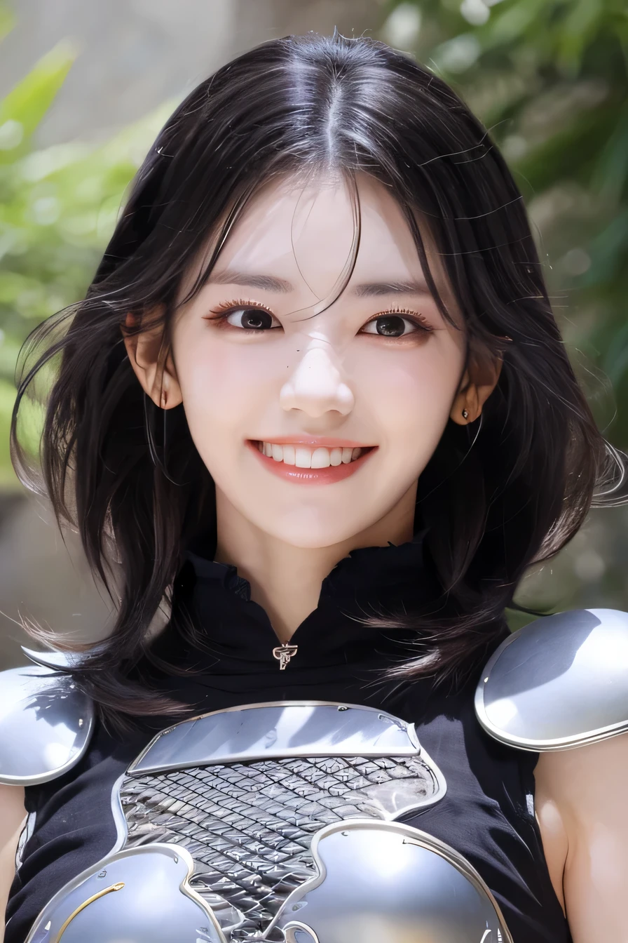 highest resolution, 4k, masterpiece: 1.3), japanese mature, women pictures, sexy, fine eyes, slender body shape, realistic teeth, double eyelid, full body, highest quality, become familiar with, equipped with armor, in a fantasy world, The background is a castle、black hair、ear piercing、smile、beautiful teeth、mouth open、fierce in the head々wear a new helmet
