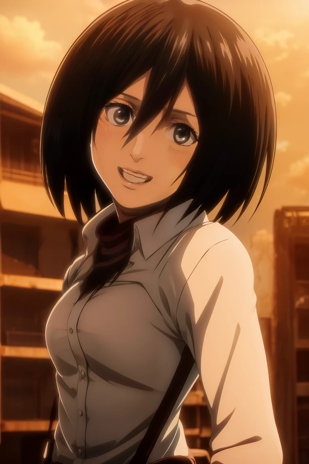 mikasa1 a woman, looking at the viewer, upper body, at the streets, attack on titan style, ultra HD, High Resolution, 8K, Highres, smile, teeth, looking at viewer, ((hands behind the head)), upper half body, cowboy shot, 