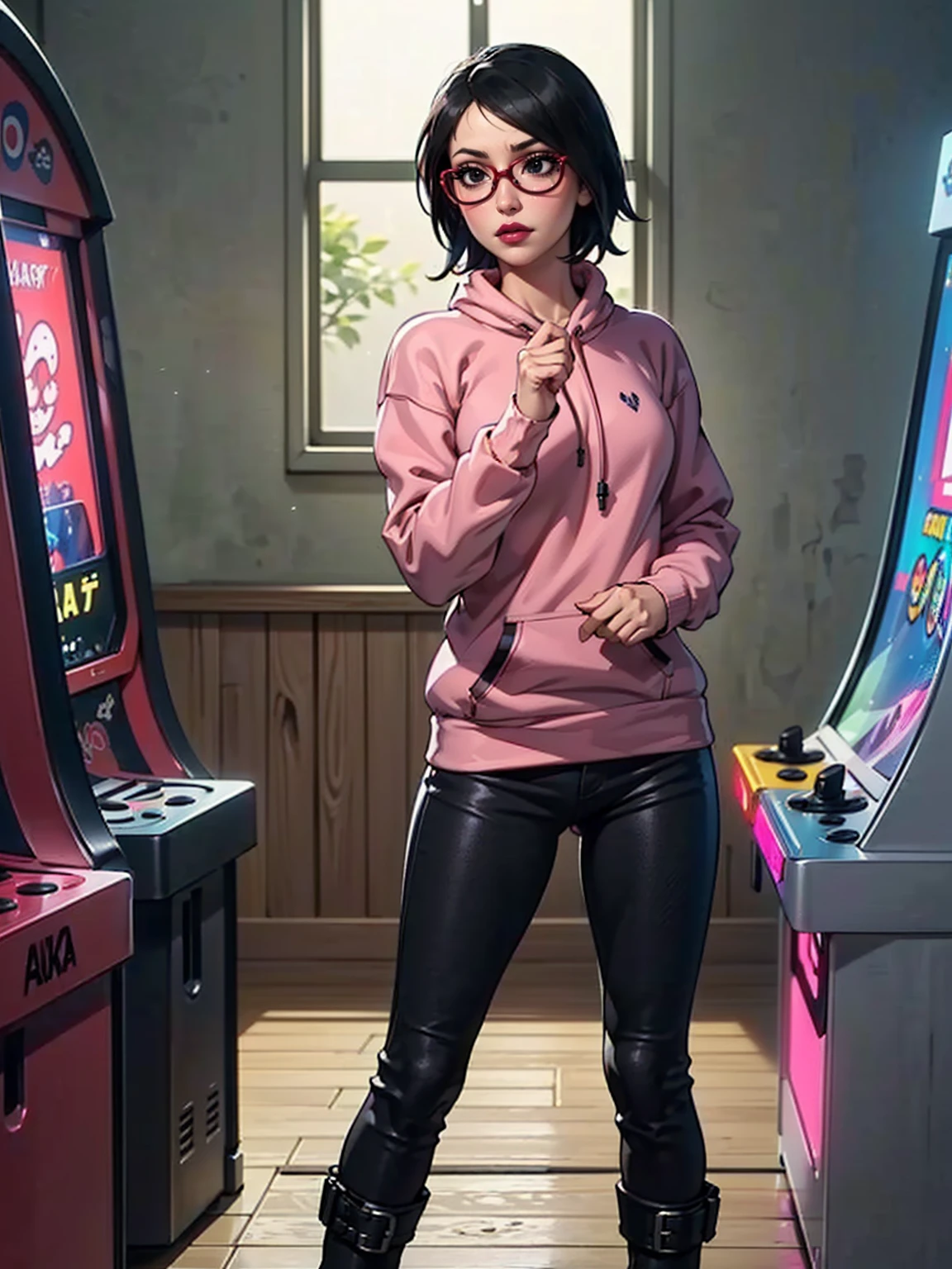 (1girl, solo, alone), (WakatsukiRisa, Sarada Uchiha, black hair, short hair, black eyes, red glasses), ((solo, (1woman, pink lipstick, black eyes), Extremely detailed, ambient soft lighting, 4k, perfect eyes, a perfect face, perfect lighting, a 1girl)), austere, (((dark red sweatshirt, sweatshirt with black details), Black pant, high boots, boots, boots with buckles, game store, arcade, video games, gaming house))