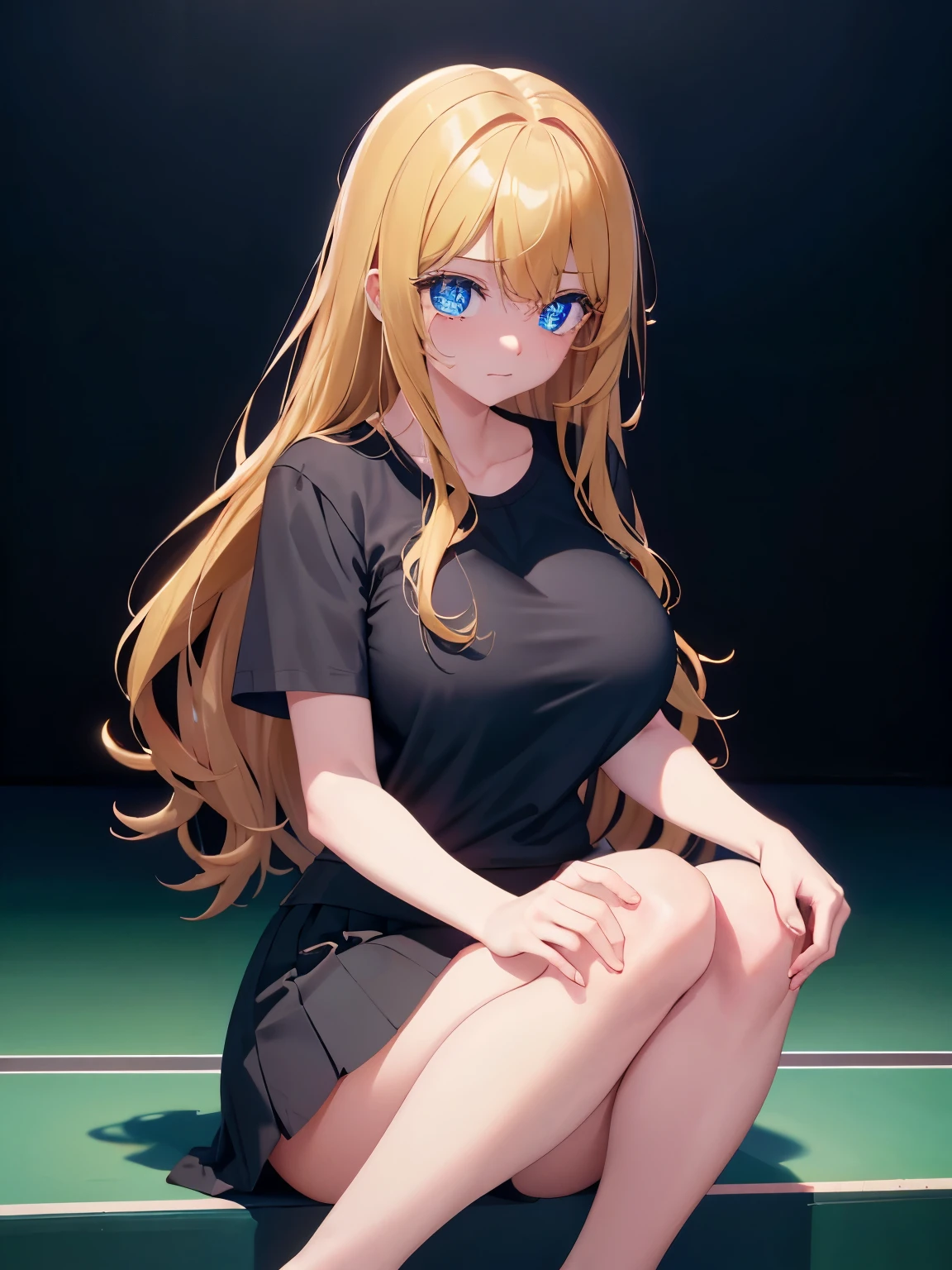 1woman,super beautiful,Sitting, knees folded, sad expression, crying, tears coming out,half body photo,Beautiful eyes, very detailed face,cute, tennis skirt,HD face, perfect face,black t-shirt,black t-shirt,Plain t-shirt,black mini skirt,Very big breasts,Blonde hair,long hair,wavy hair,bangs,blue eyes,ultra detail,ultra Hd, masterpiece,4k