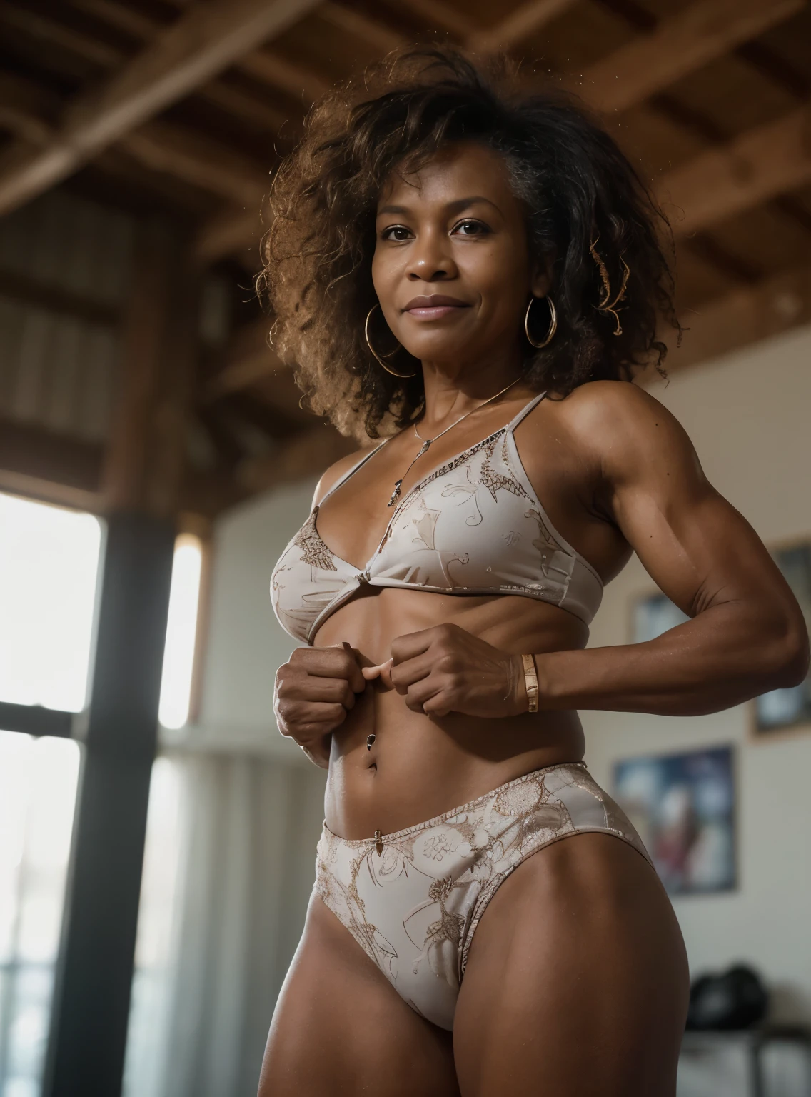 (photograph of an 58 year old Melanesian woman), (slim top, cotton panties), (highly detailed face:1.4), (smile:0.9), (muscles:1.2), (she stands victorious over a defeated man in wrestling:1.2), (background inside bright, private gym), (8k, uhd, dslr, high quality, cinematic lighting, bokeh), (dramatic, award winning photography, incredible masterpiece:1.3), ((straight non curly hair:1.1))
