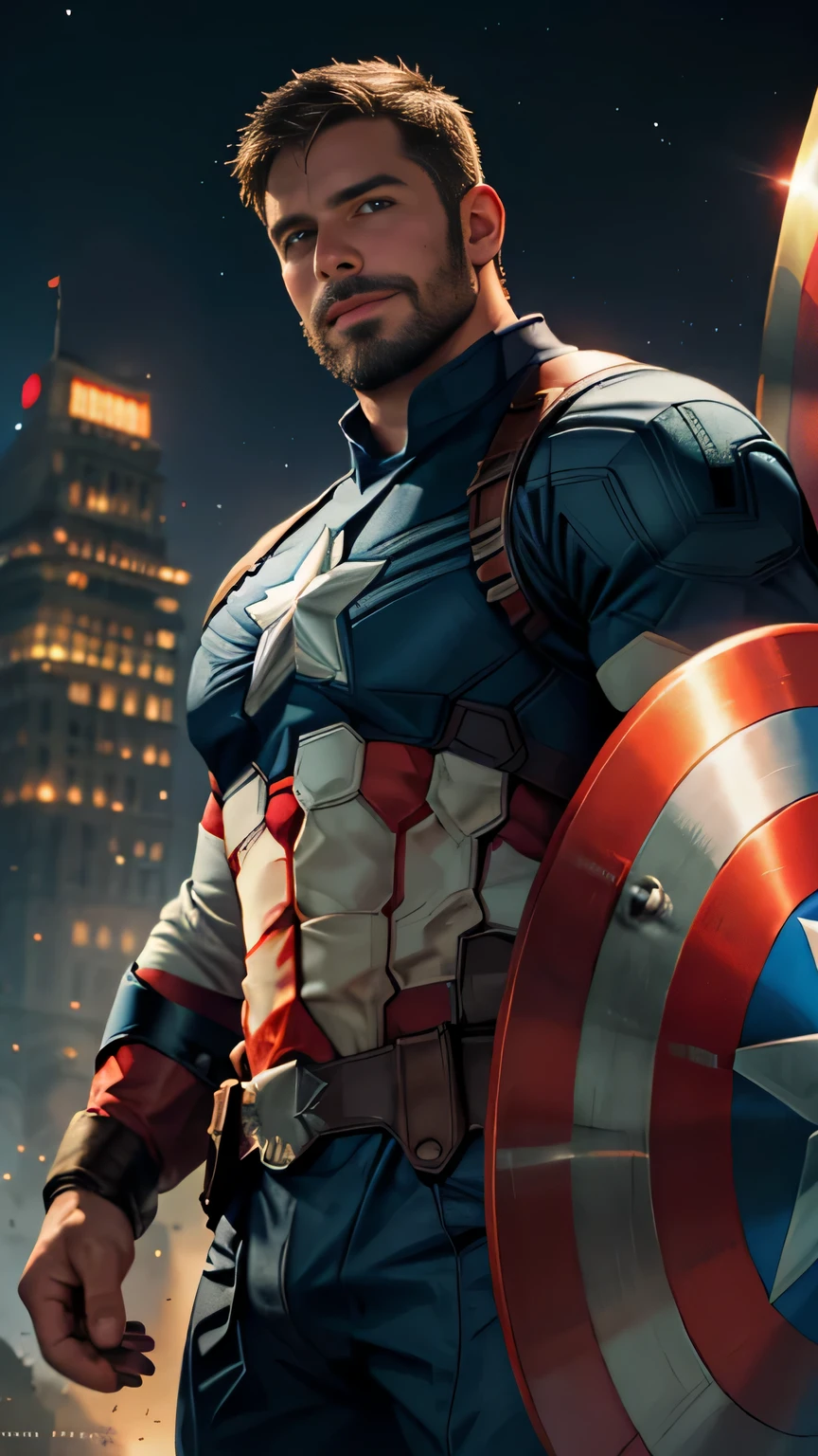 An award-winning original photo，A wild muscular man, (30 years old daddy:1.3), 1boy, Solo, (wearing a blue and red (captain america) costume), (big shoulderusculature, Short beard, mask) (Detailed face:1.3), (beautiful eyes:1.2), holding 1 circular star shield, Dynamic Angle, volumetric lighting, (Best quality, A high resolution, Photorealistic), Cinematic lighting, Masterpiece, RAW photo, Intricate details, hdr, depth of field, upper body