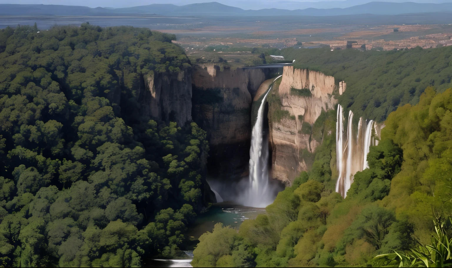 Arafad view of waterfall,There is a small waterfall in the middle, high waterfall, The photo shows a large, waterfalls and lakes, huge waterfalls, a river flowing with waterfalls, waterfall in the distance, huge waterfall, waterfall in background, The waterfall falls into the lake, waterfall in background, huge waterfall, waterfall in background, endless waterfalls