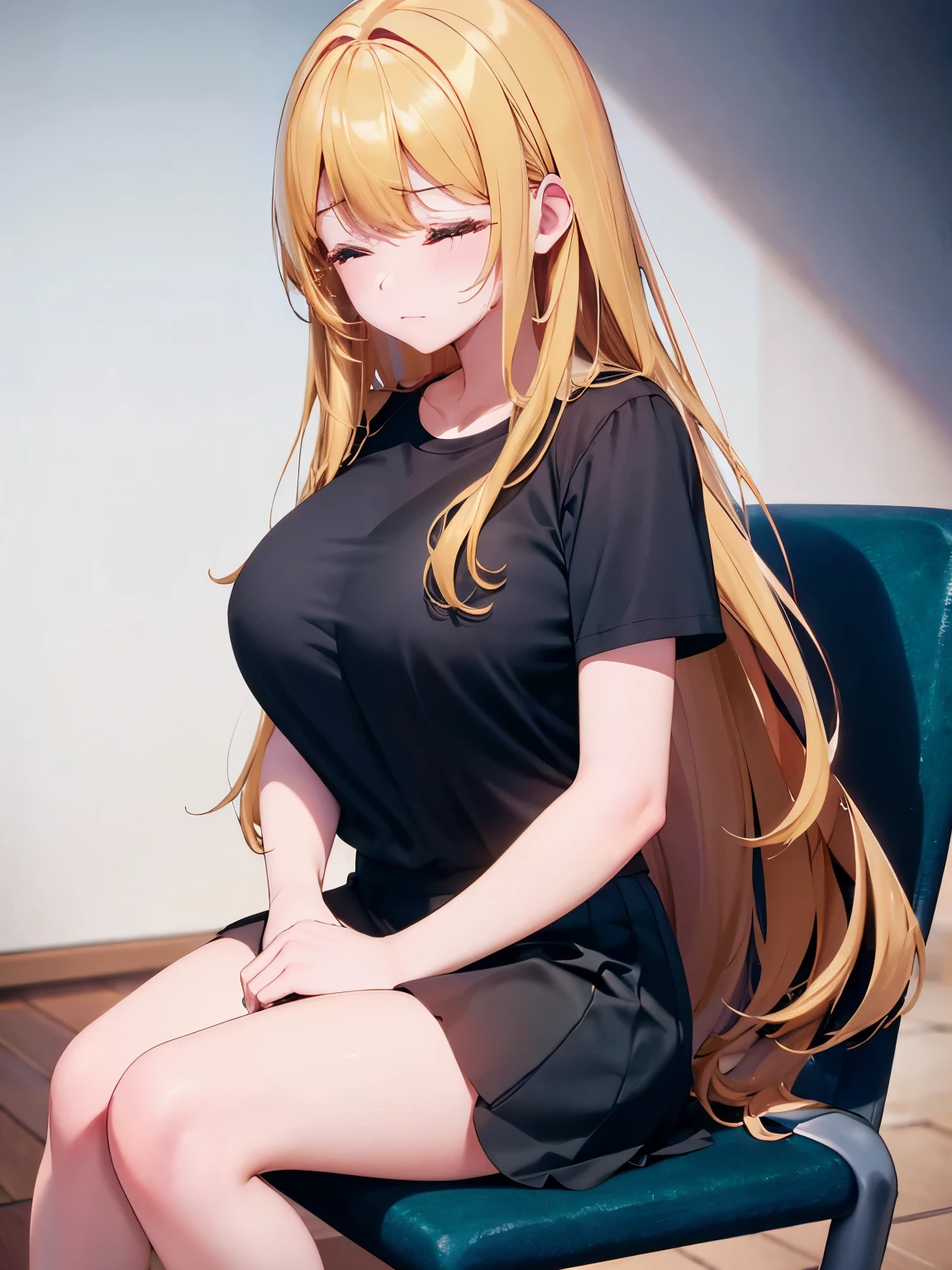 1woman,super beautiful,Sitting, knees folded, sad expression, crying, tears coming out,clos up photo,Beautiful eyes, very detailed face,cute, tennis skirt,HD face, perfect face,black t-shirt,black t-shirt,Plain t-shirt,black mini skirt,Very big breasts,Blonde hair,long hair,wavy hair,bangs,closed eyes,ultra detail,ultra Hd, masterpiece,4k