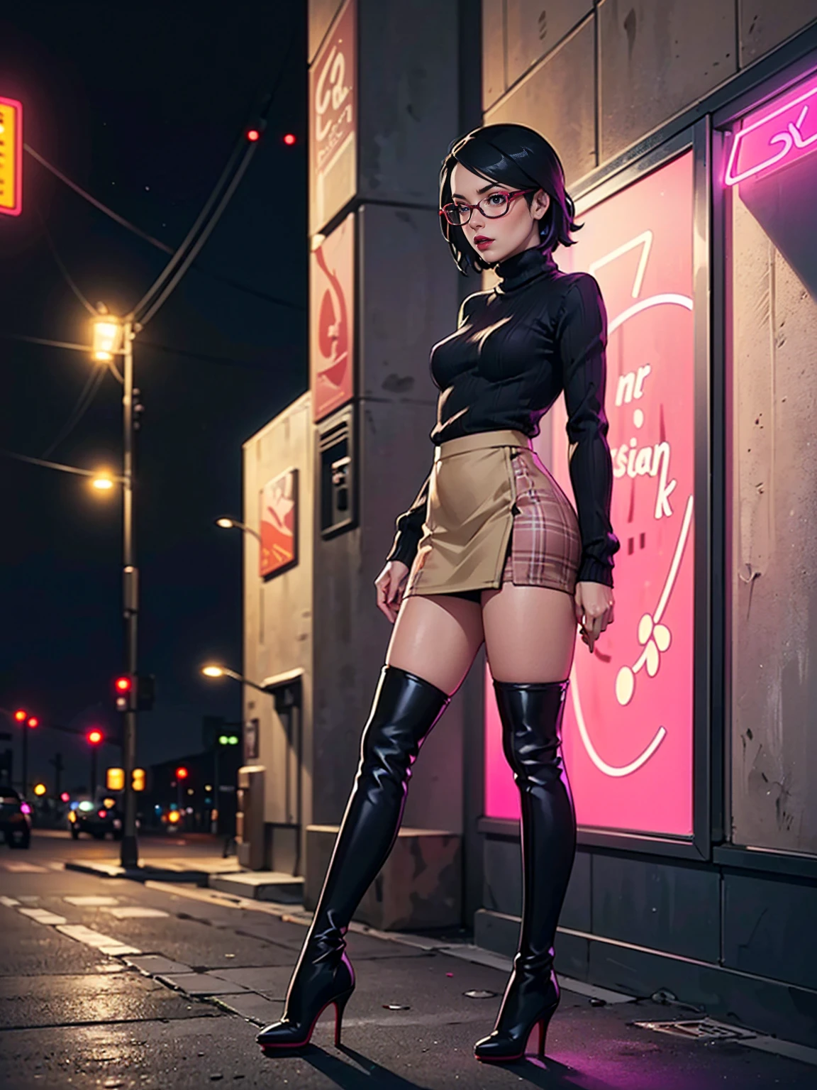 (1girl, Alone, alone), (WakatsukiRisa, Sarada uchiha, black hair, short hair, Black eyes, red glasses), ((Alone, (1woman, pink lipstick, (small breasts)), extremely detailed, ambient soft lighting, 4K, perfect eyes, a perfect face, perfect lighting, the 1girl)), austere, ((parading on the sidewalk, (black sweater, women's knit sweater, long-sleeved sweater, black knit sweater), plaid skirt, (beige plaid skirt, short plaid skirt), high heel boots, (stiletto heels, stiletto heels), high heel boots, thigh-high boots, beige thigh and skirt, high boots, sexy look, wearing beige skirt , sexy clothes, in the city, monument, modern sculpture, Linda Poarca, Bela Vista, with neon lights, (tights), over-the-knee boots, night, lighting))