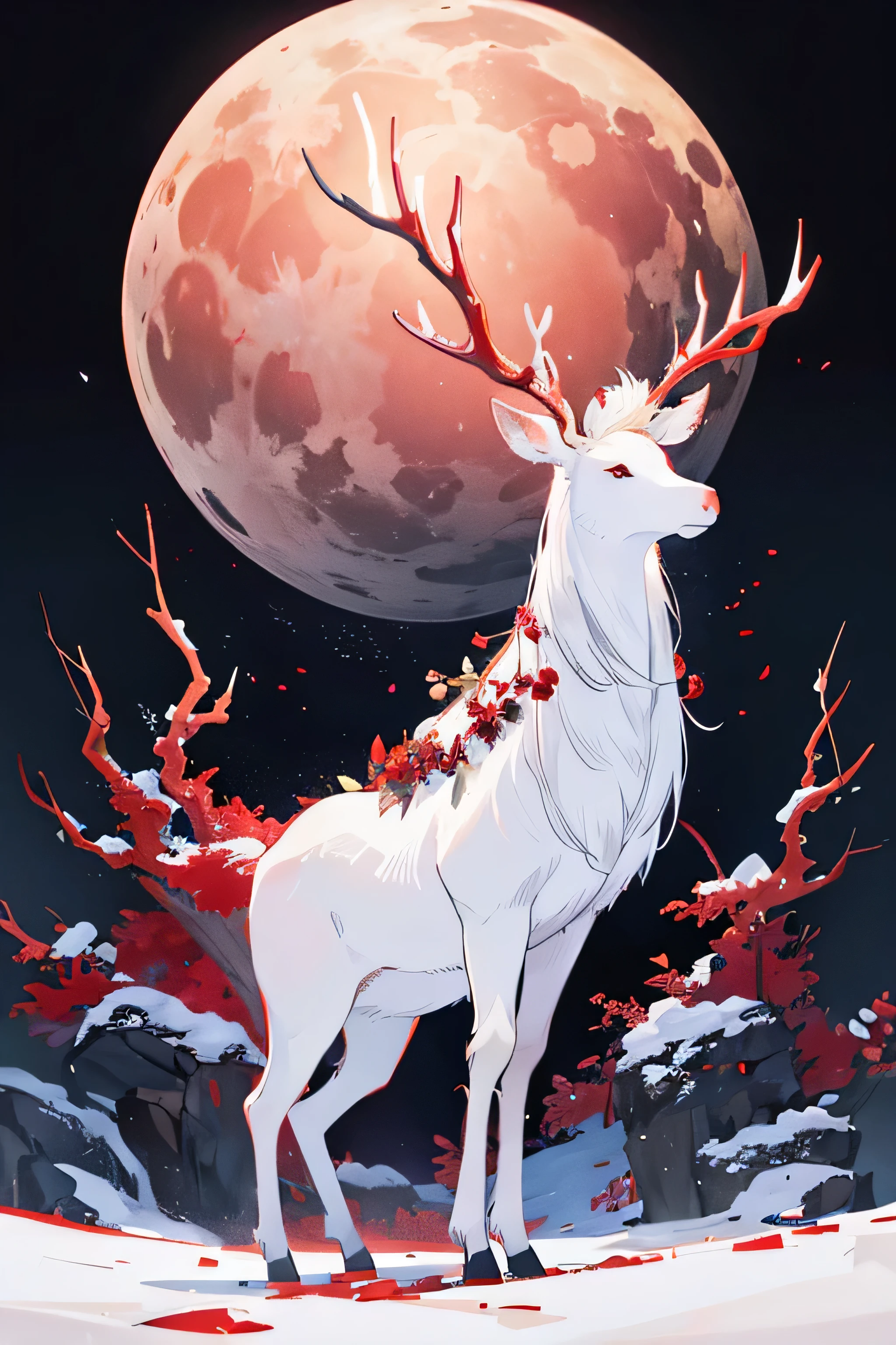 A majestic white stag with antlers wreathed in a swirling red aura, standing in a mystical clearing bathed in moonlight