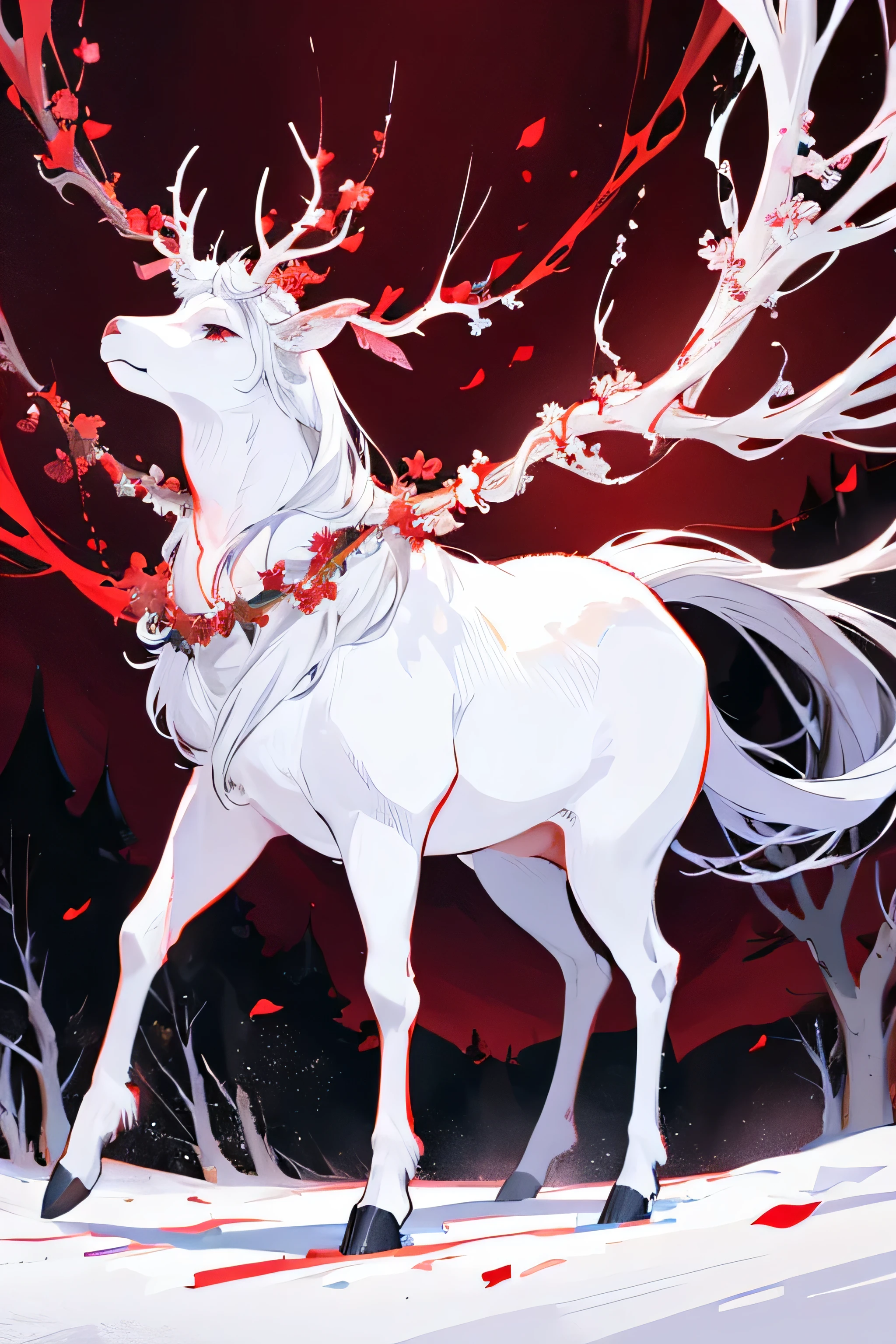 A majestic white stag with antlers wreathed in a swirling red aura, standing in a mystical clearing bathed in moonlight