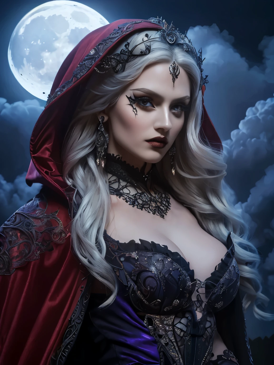 fantasy art, gothic art, (masterpiece:1.5), full body best details, highly detailed, best quality, Glowing Purple, highres, full body portrait of a vampire, elf (Masterpiece, best quality: 1.6), ultra feminine, wizard, (intricate details, Masterpiece, best quality: 1.5) with a long curvy hair, light color hair, blue eyes, (fantasy art, Masterpiece, best quality), ((beautiful delicate face)), Ultra Detailed Face (intricate details, fantasy art, Masterpiece, best quality: 1.5), [[vampiric fangs 1.5]] (red cloak: 1.3) , flowing cloak (intricate details, fantasy art, Masterpiece, best quality: 1.3), wearing an intricate black dress (intricate details, fantasy art, Masterpiece, best quality: 1.5), high heeled boots, urban background (intense details, beat details), fantasy, at night light, natural ,moon light, clouds, gothic atmosphere, soft light, dynamic light, [[anatomically correct]], high details, best quality, 8k, [ultra detailed], masterpiece, best quality, (extremely detailed), dynamic angle