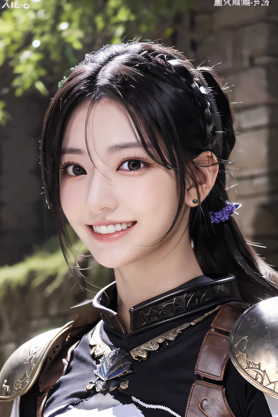 highest resolution, 4k, masterpiece: 1.3), japanese mature, women pictures, sexy, fine eyes, slender body shape, realistic teeth, double eyelid, full body, highest quality, become familiar with, equipped with armor, in a fantasy world, The background is a castle、black hair、ear piercing、smile、beautiful teeth、mouth open、full body photo、holding a weapon