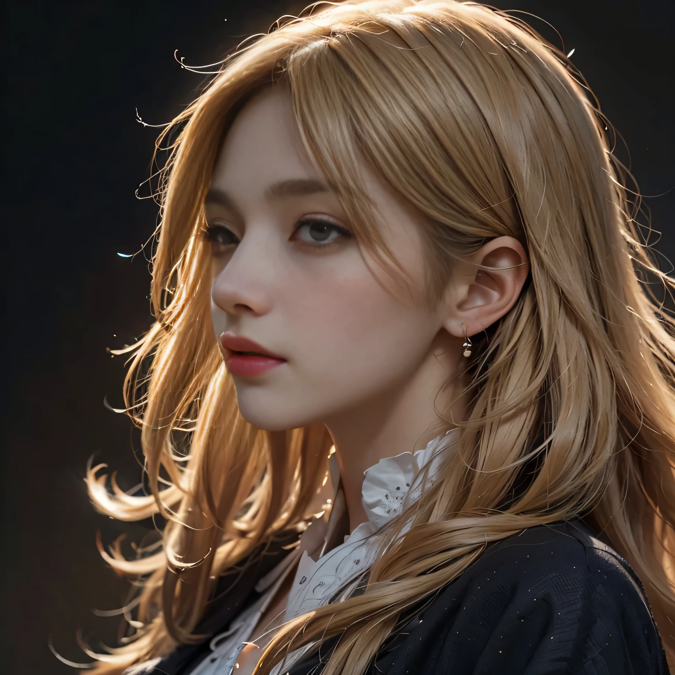 profile, profile, high quality、highest resolution, masterpiece、sharp focus、cinematic lighting、blond hair, Realistic portrait of a stunningly beautiful Western woman、3/5 shots、Stunning portrait of a beautiful woman、Detailed symmetrical realistic face、Highly detailed natural texture、glowing skin、slim body、overly detailed face、ultra realistic textures、Sophisticated pattern combining dramatic lighting fantasy and modern fashion、A mystical realm filled with magical elements、vivid colors、dynamic lighting、Detailed background elements、deep sense of depth、