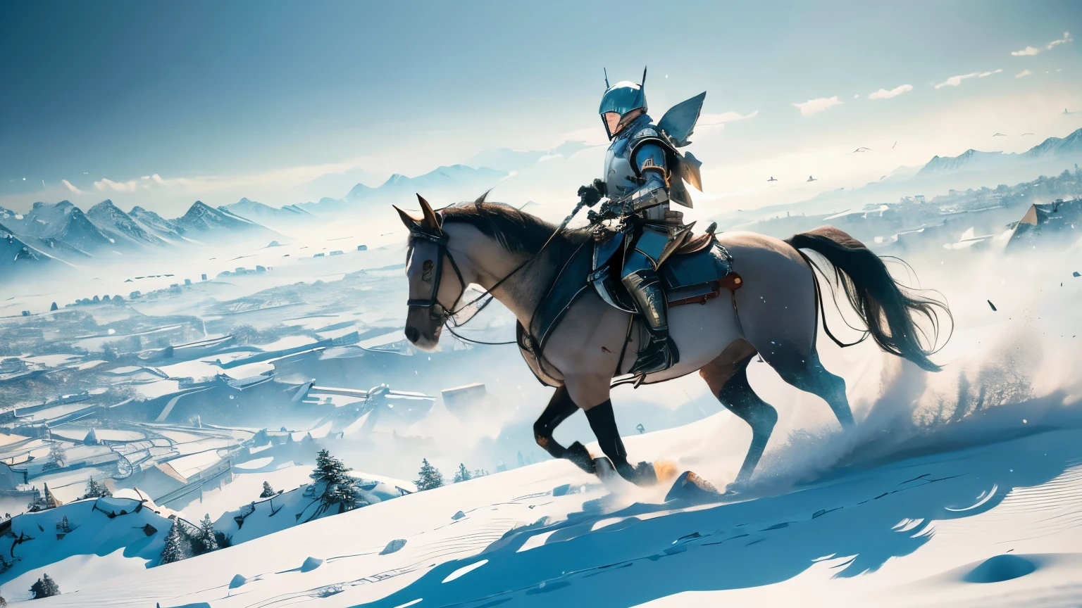 In the winter landscape, heavy snow blankets the ground, presenting a serene and tranquil scene from a bird's eye view. Underneath the thick layer of snow, hidden details of people's lives – including their underwear – start to emerge, adding a touch of intrigue and whimsy to the image. Amidst the snowy expanse, huge armies of medieval warriors, marching in unison, prepare for an epic battle. Each soldier meticulously wears his armor, every detail portrayed in stunning 8K resolution, creating a masterpiece of historical realism. The super detailed and intricately designed armor gleams under the sunlight, making this image a true work of art.