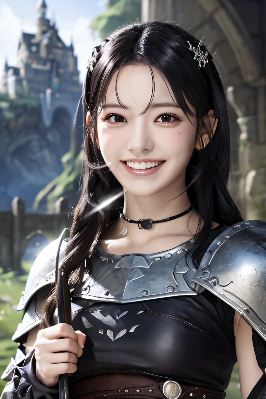 highest resolution, 4k, masterpiece: 1.3), japanese mature, women pictures, sexy, fine eyes, slender body shape, realistic teeth, double eyelid, full body, highest quality, become familiar with, equipped with armor, in a fantasy world, The background is a castle、black hair、ear piercing、smile、beautiful teeth、mouth open、full body photo、holding a weapon