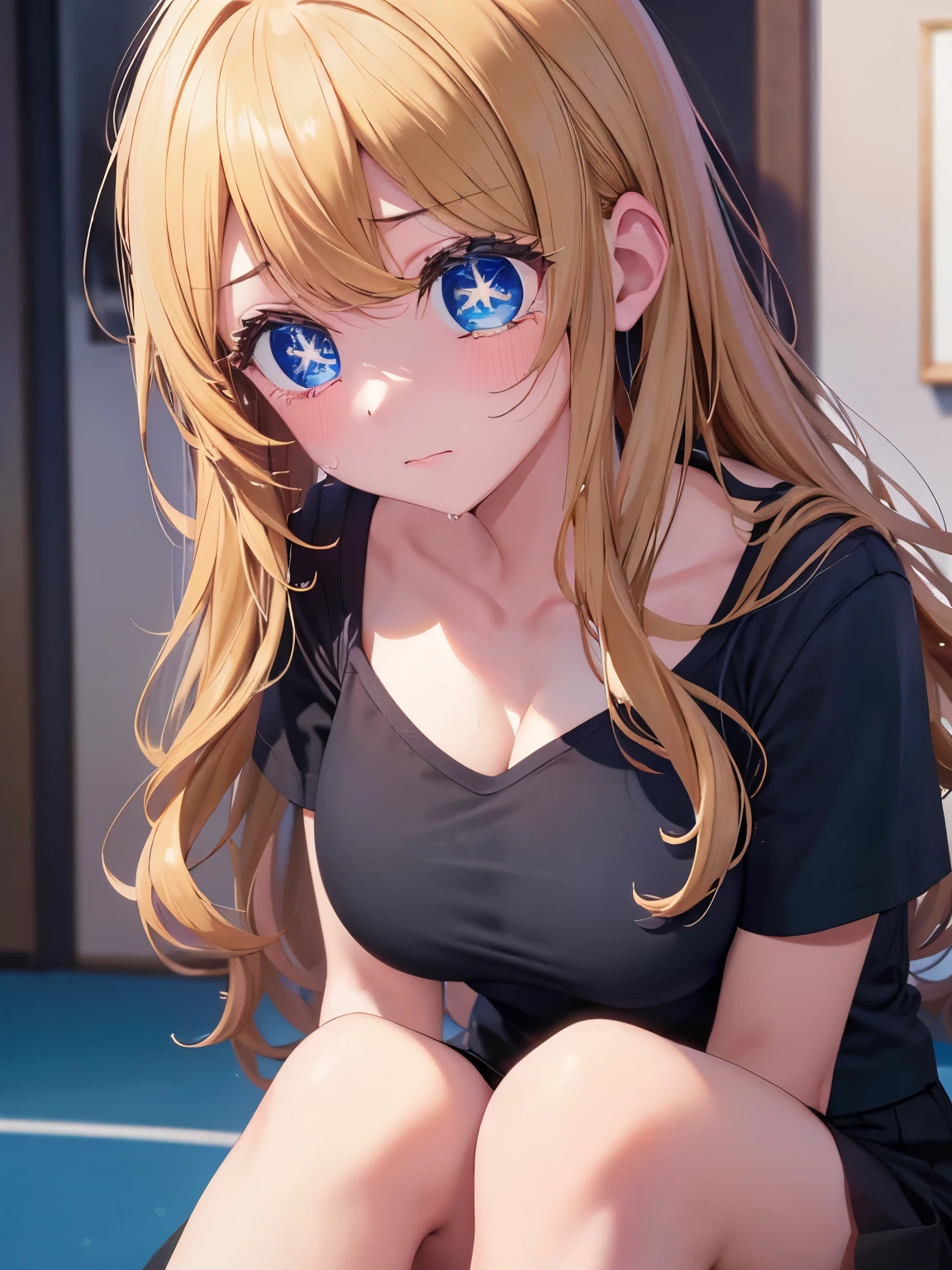 1woman,super beautiful,Sitting, knees folded, sad expression,Hand wipes her tears, crying, tears coming out,close up photo,Beautiful eyes, very detailed face,cute, tennis skirt,HD face, perfect face,black t-shirt,black t-shirt,Plain t-shirt,black mini skirt,Very big breasts,Blonde hair,long hair,wavy hair,bangs,blue eyes,ultra detail,ultra Hd, masterpiece,4k