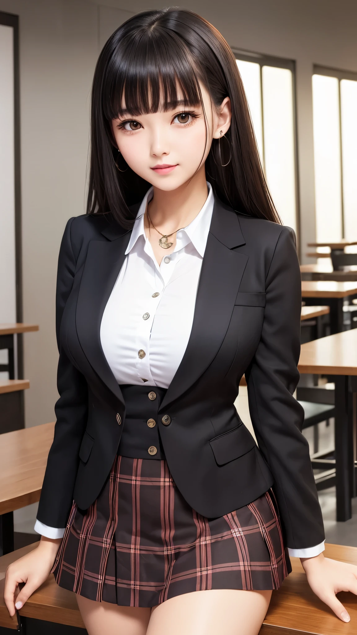 ((high quality)), ((Tabletop)), (Detailed face), (highlight), Asian Girl、Big breasts、thigh、Black Hair、Heavy bangs、high school girl、skirt、blazer、