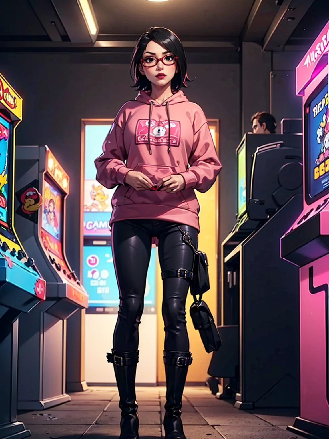 (1girl, solo, alone), (WakatsukiRisa, Sarada Uchiha, black hair, short hair, black eyes, red glasses), ((solo, (1woman, pink lipstick, black eyes), Extremely detailed, ambient soft lighting, 4k, perfect eyes, a perfect face, perfect lighting, a 1girl)), austere, (((dark red sweatshirt, sweatshirt with black details), parading, Black pant, high boots, boots, boots with buckles, game store, arcade, video games, gaming house))