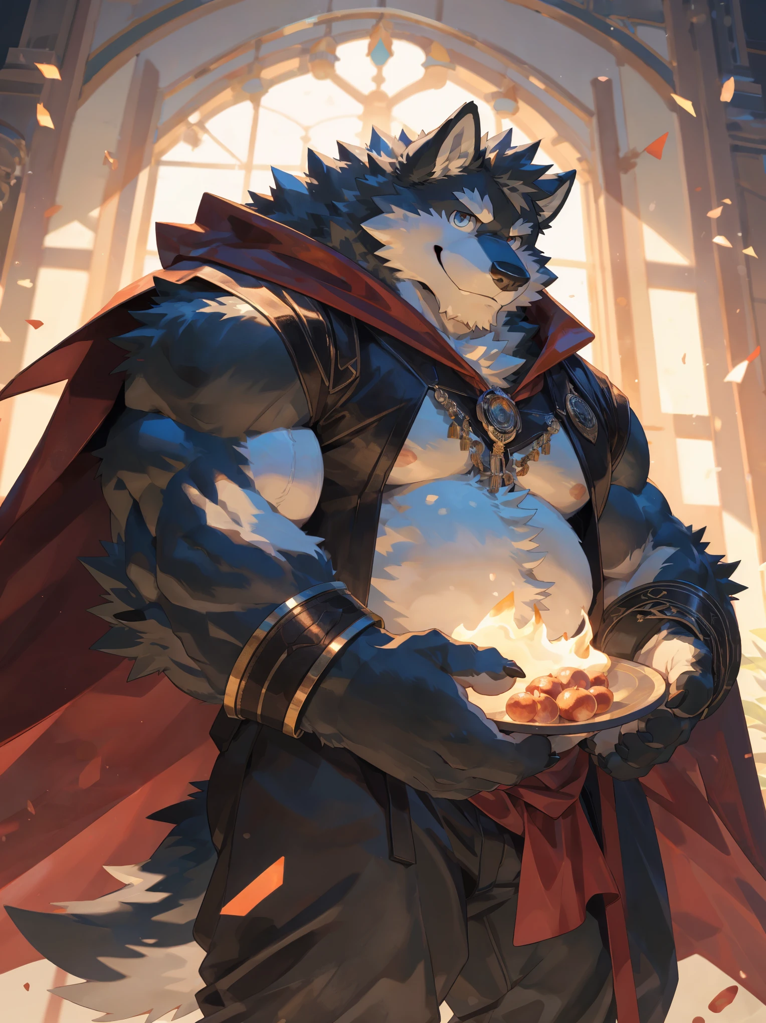 solo, ((fluffy fur, fluffy, furry body)), detailed fluffy fur, detailed face, detailed eyes, dynamic pose, (ultra detailed), sharp focus, niji, eyesgod, furry, (gray-black fur:1.5), white beard, anthro (wolf), male, middle-aged, white belly, (((muscular))), (endomorph body type:0.2), not too fat, BREAK ((warrior costume, long red cherry cloak)), ultra detailed face, high details, high quality, (best quality,4k,8k,highres,masterpiece:1.2), (close up:1.3), by takemoto arashi, by kulplant, by null-ghost, by raccoon21, dynamic lighting, smile, (full body:1.4), looking at viewer, standing, close-view portrait, indoorhighres, hands holding belly, hand wraps, detailed hands